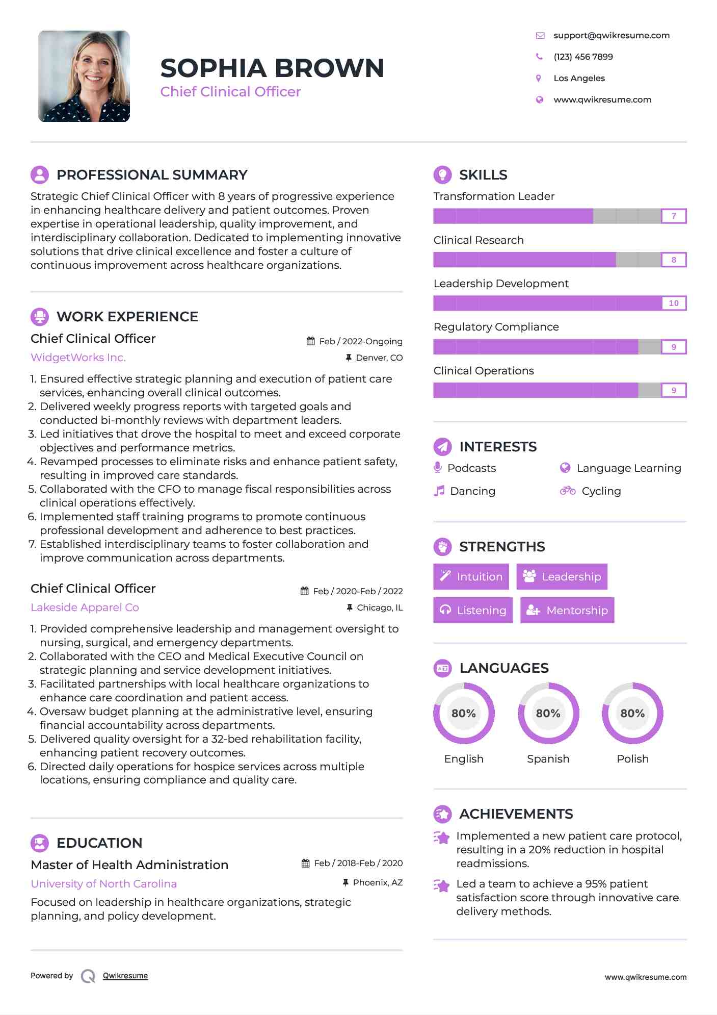 Chief Clinical Officer Resume Sample