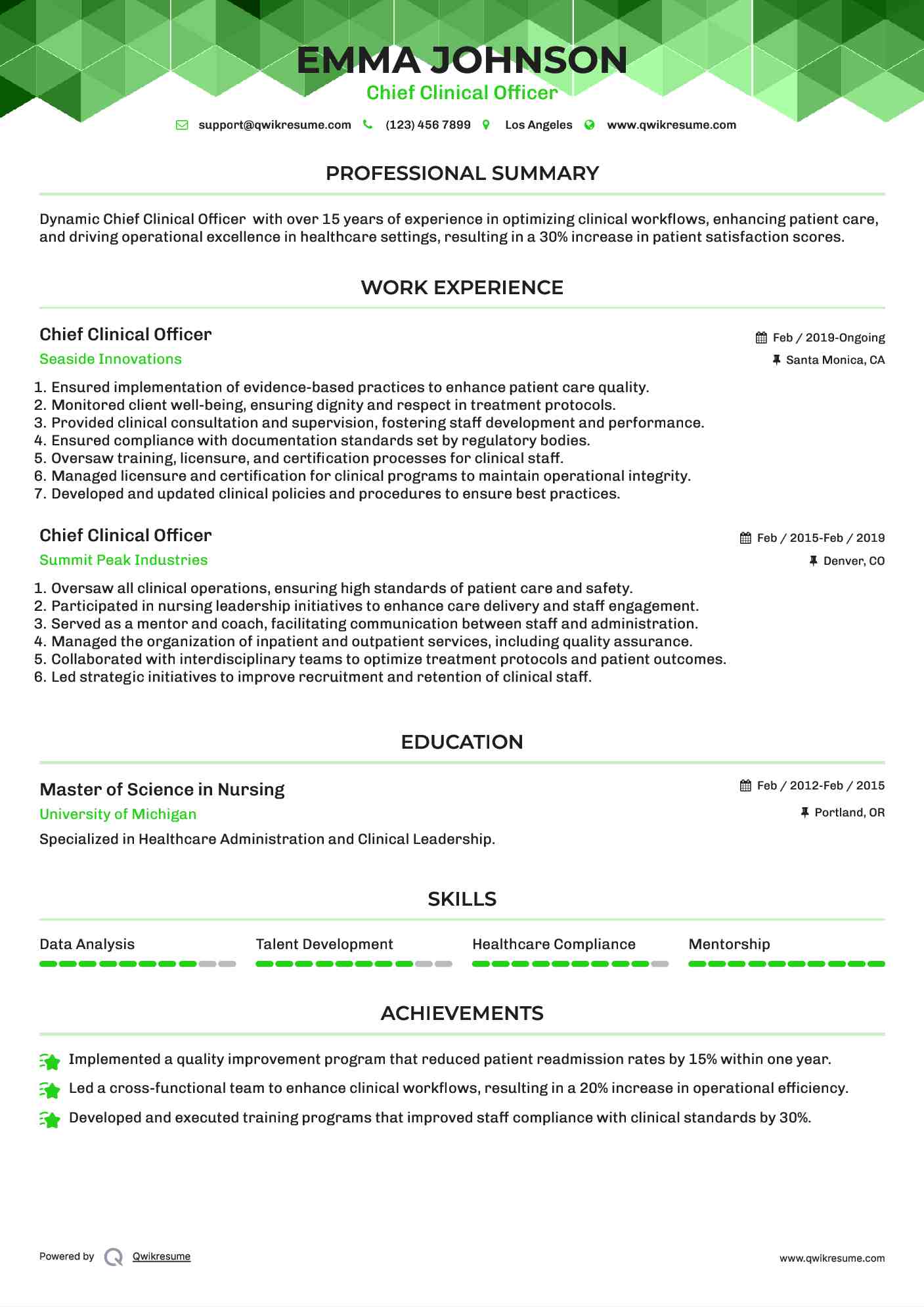 Chief Clinical Officer Resume Model
