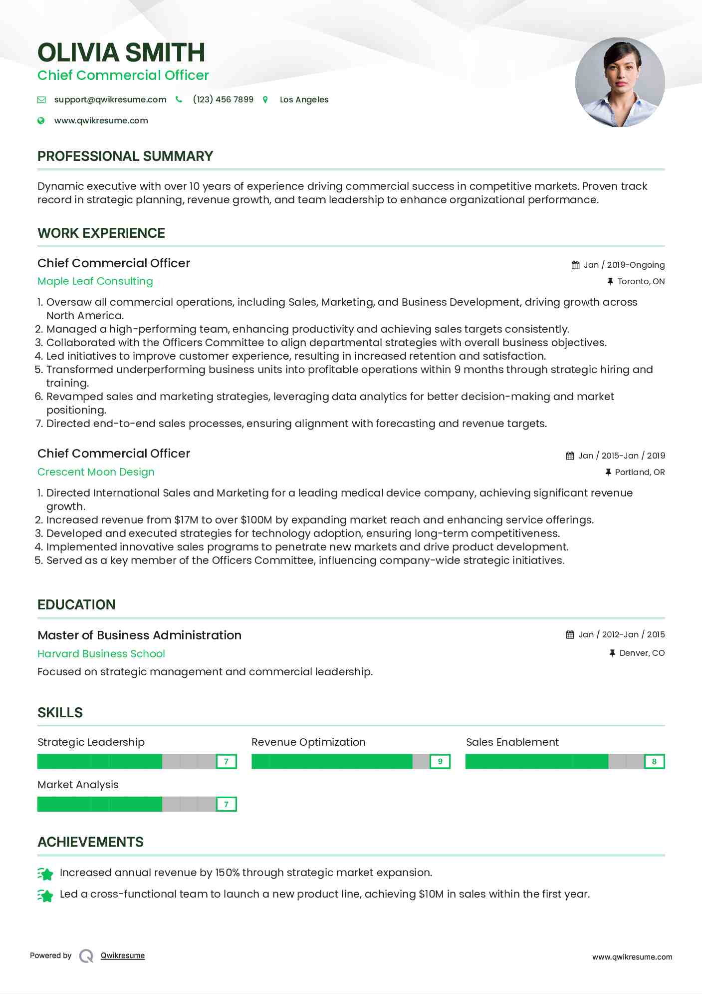 Chief Commercial Officer Resume Example