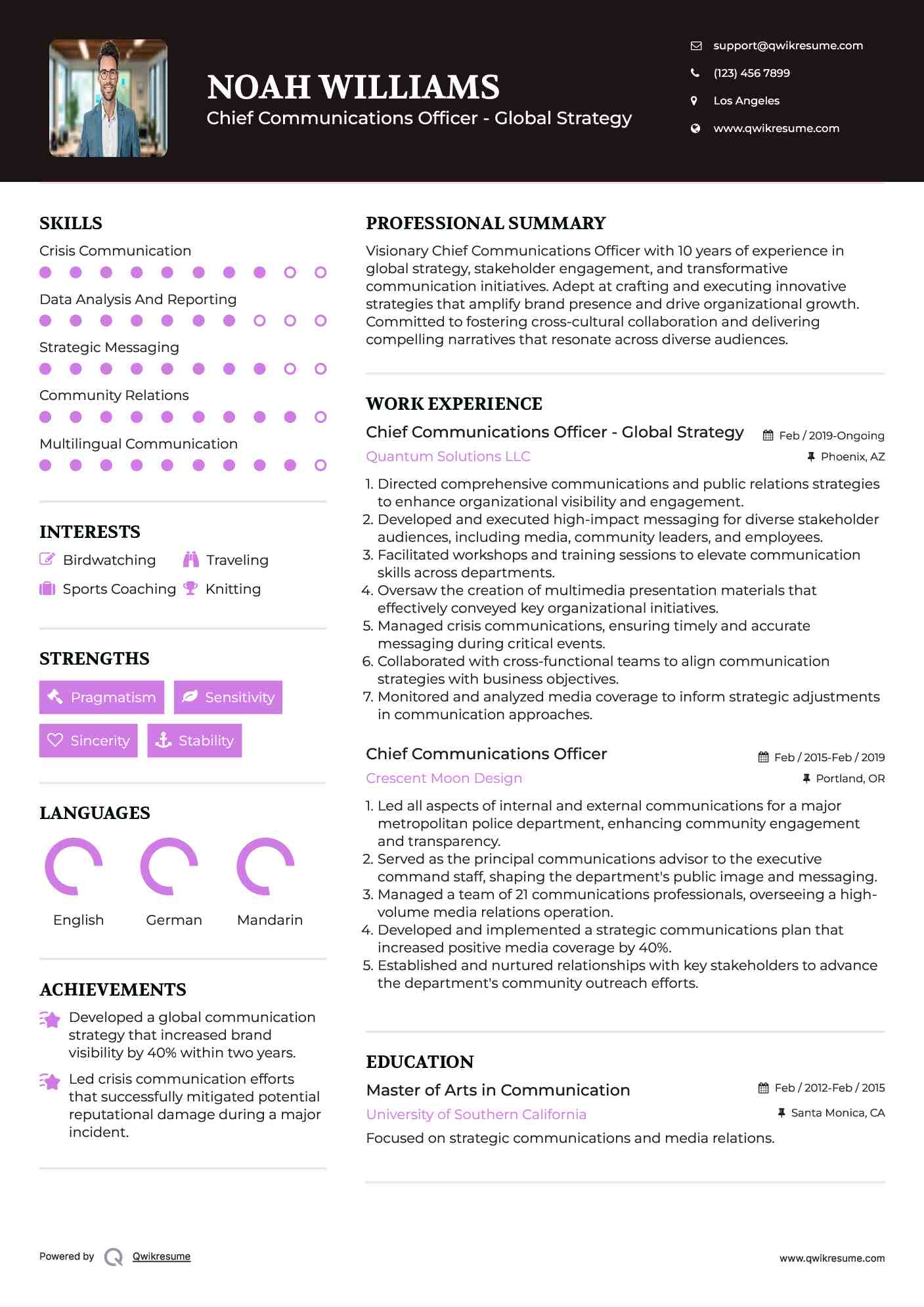 Chief Communications Officer - Global Strategy Resume Example