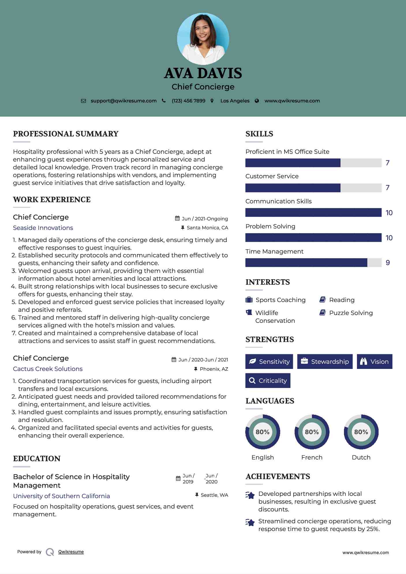 Chief Concierge Resume Example