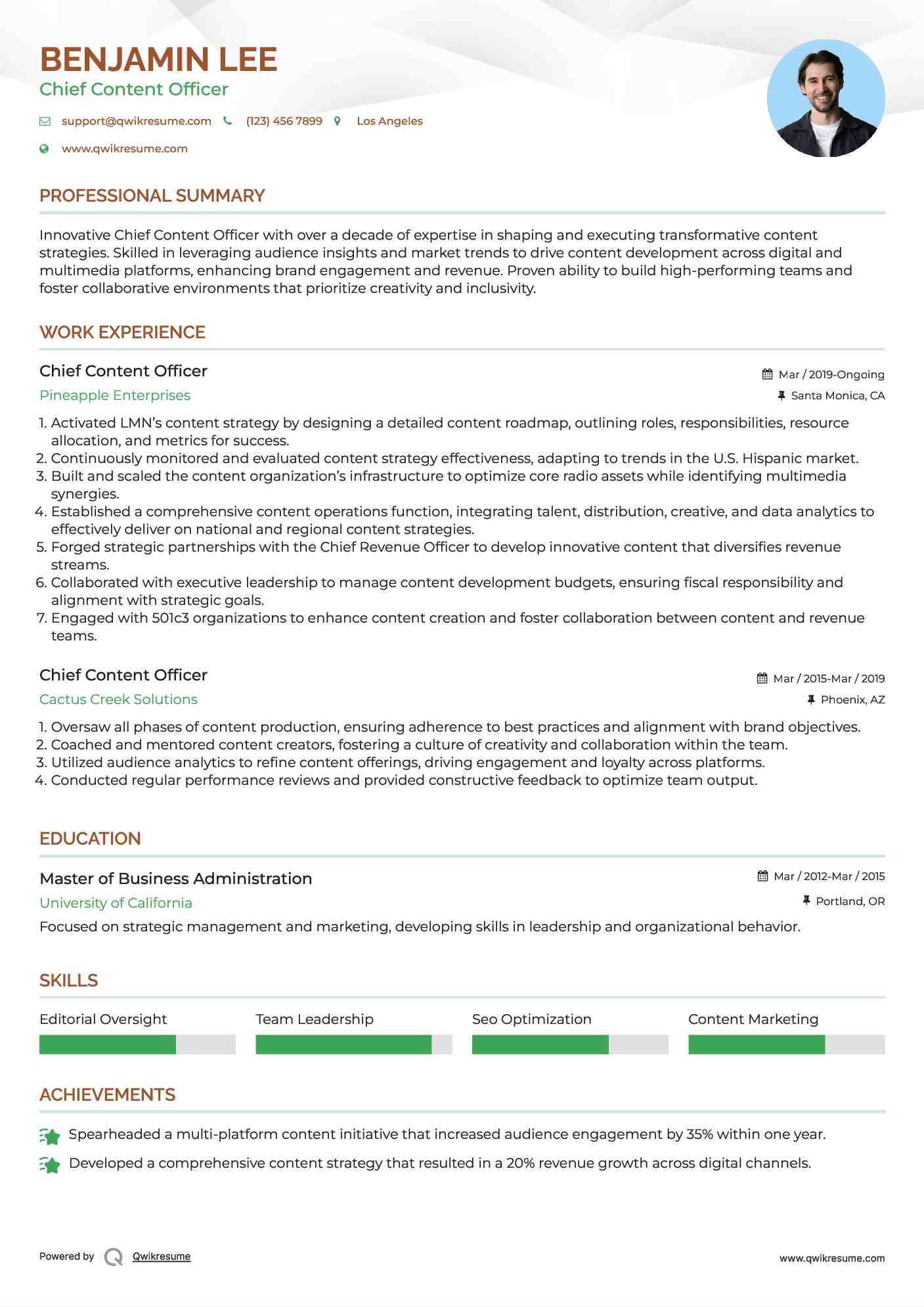 Chief Content Officer Resume Format