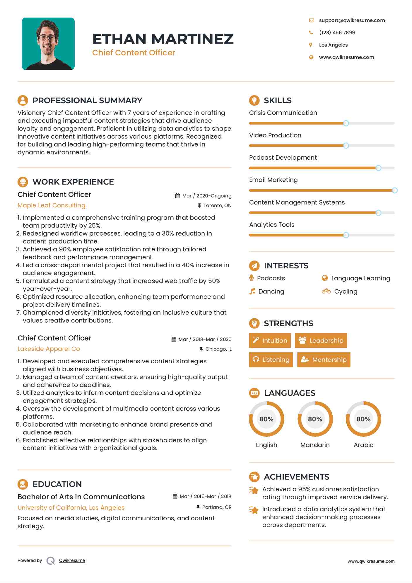 Chief Content Officer Resume Example