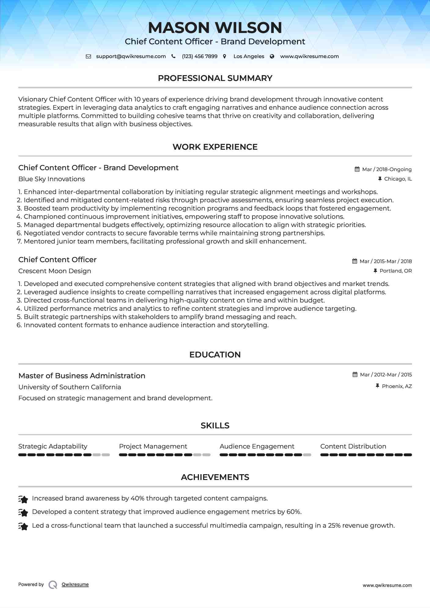 Chief Content Officer - Brand Development Resume Template