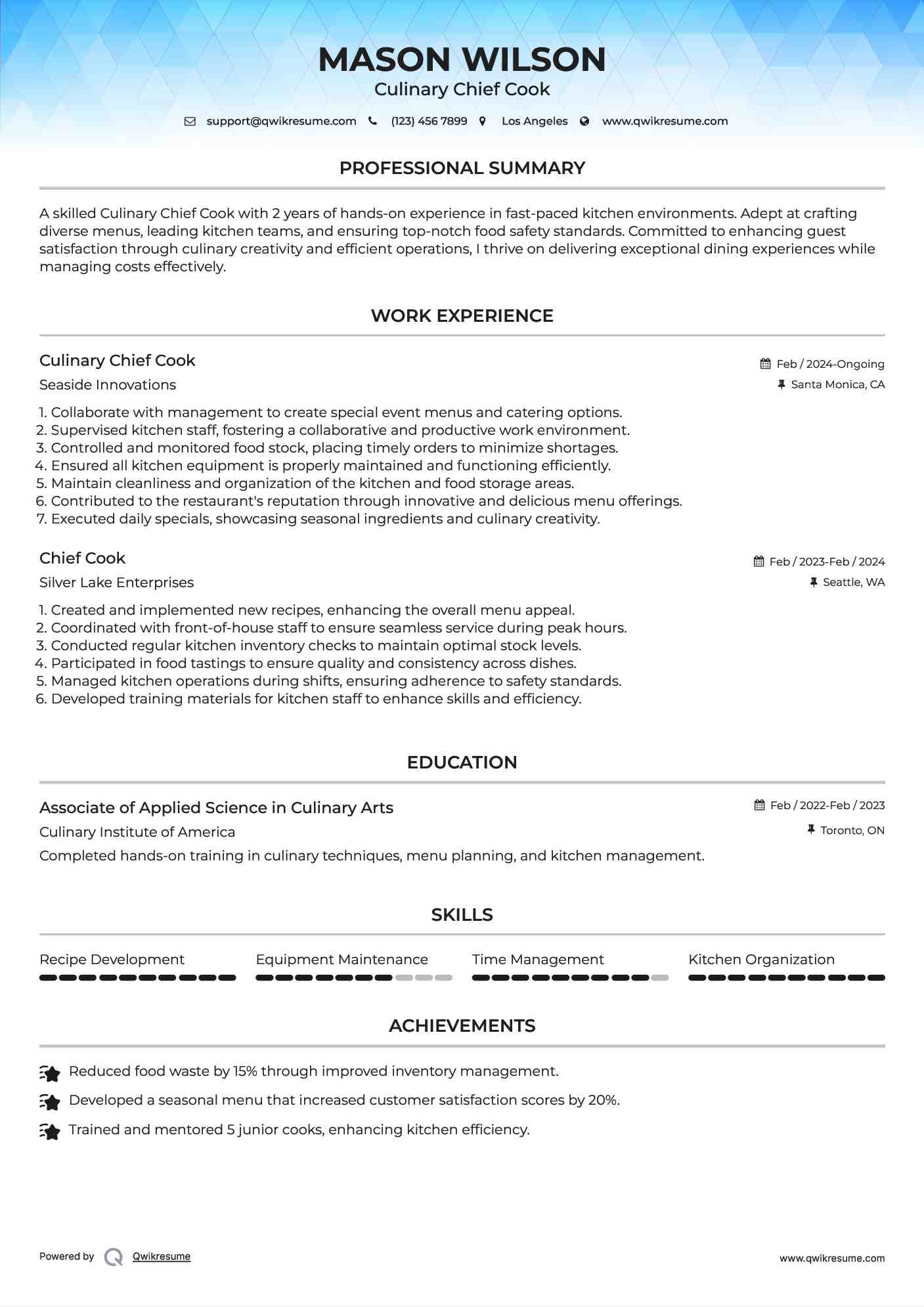 Culinary Chief Cook Resume Format