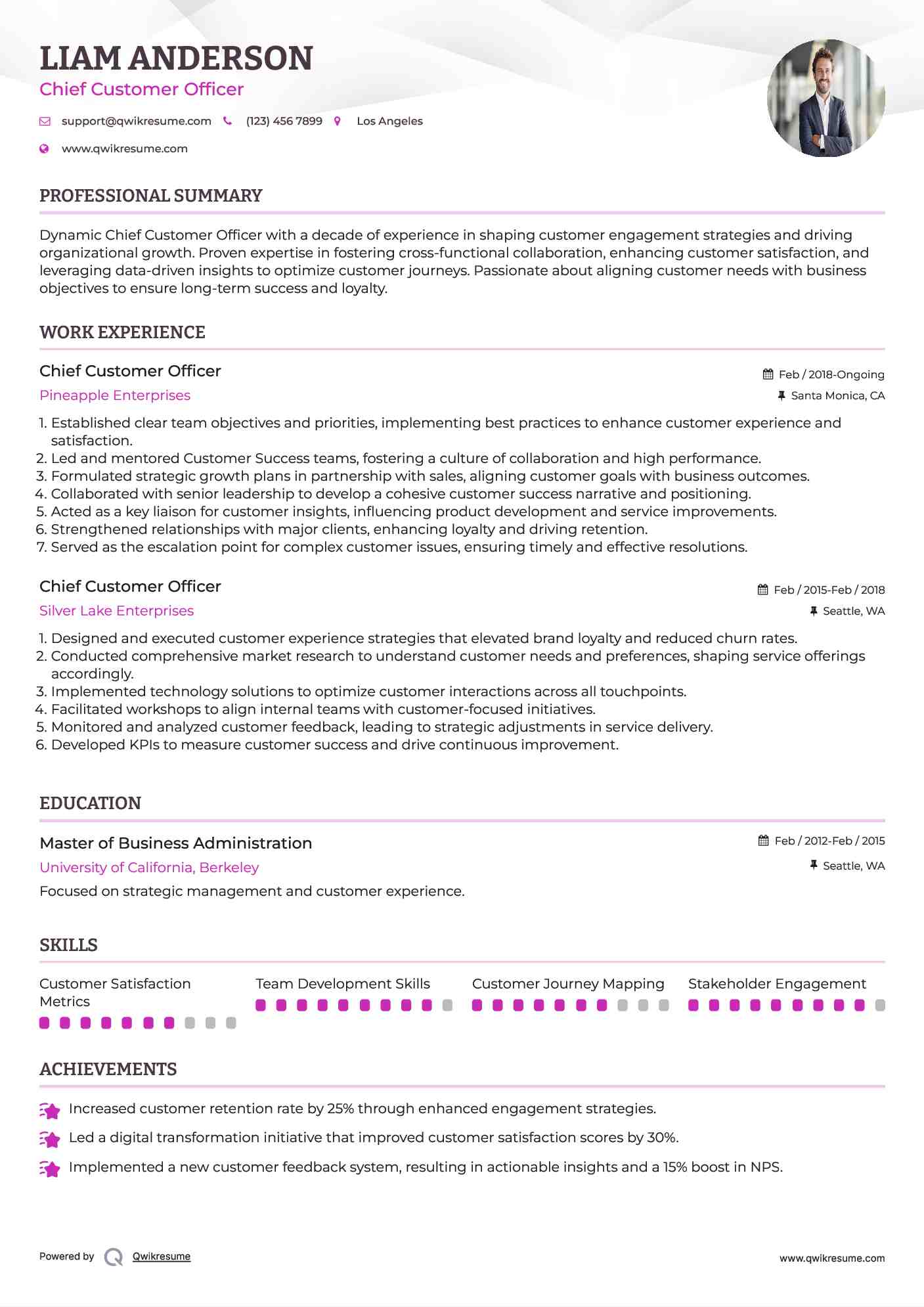 Chief Customer Officer Resume Sample