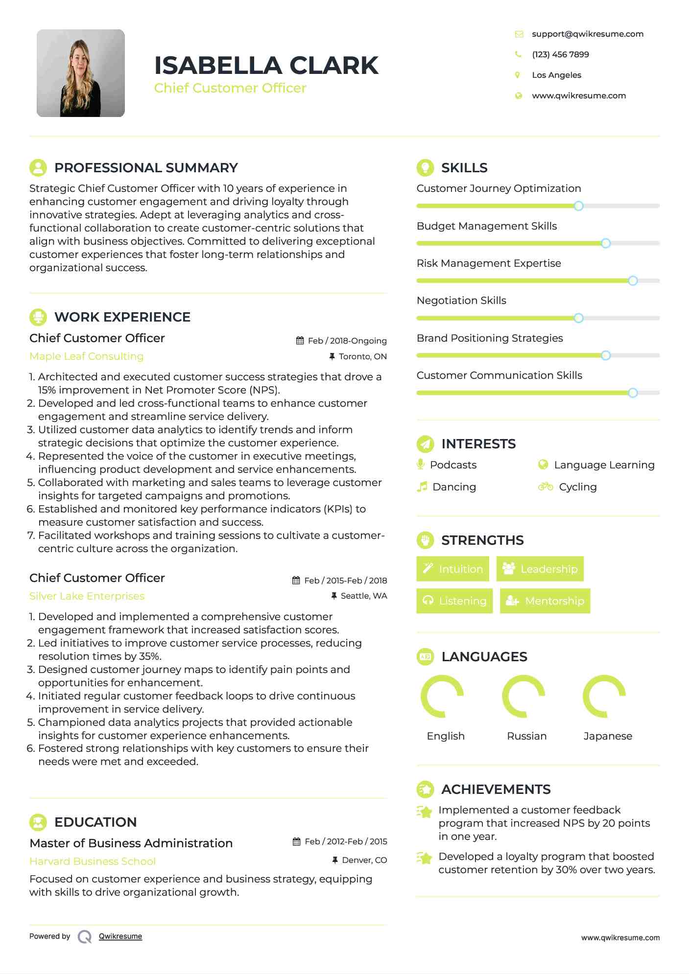 Chief Customer Officer Resume Model