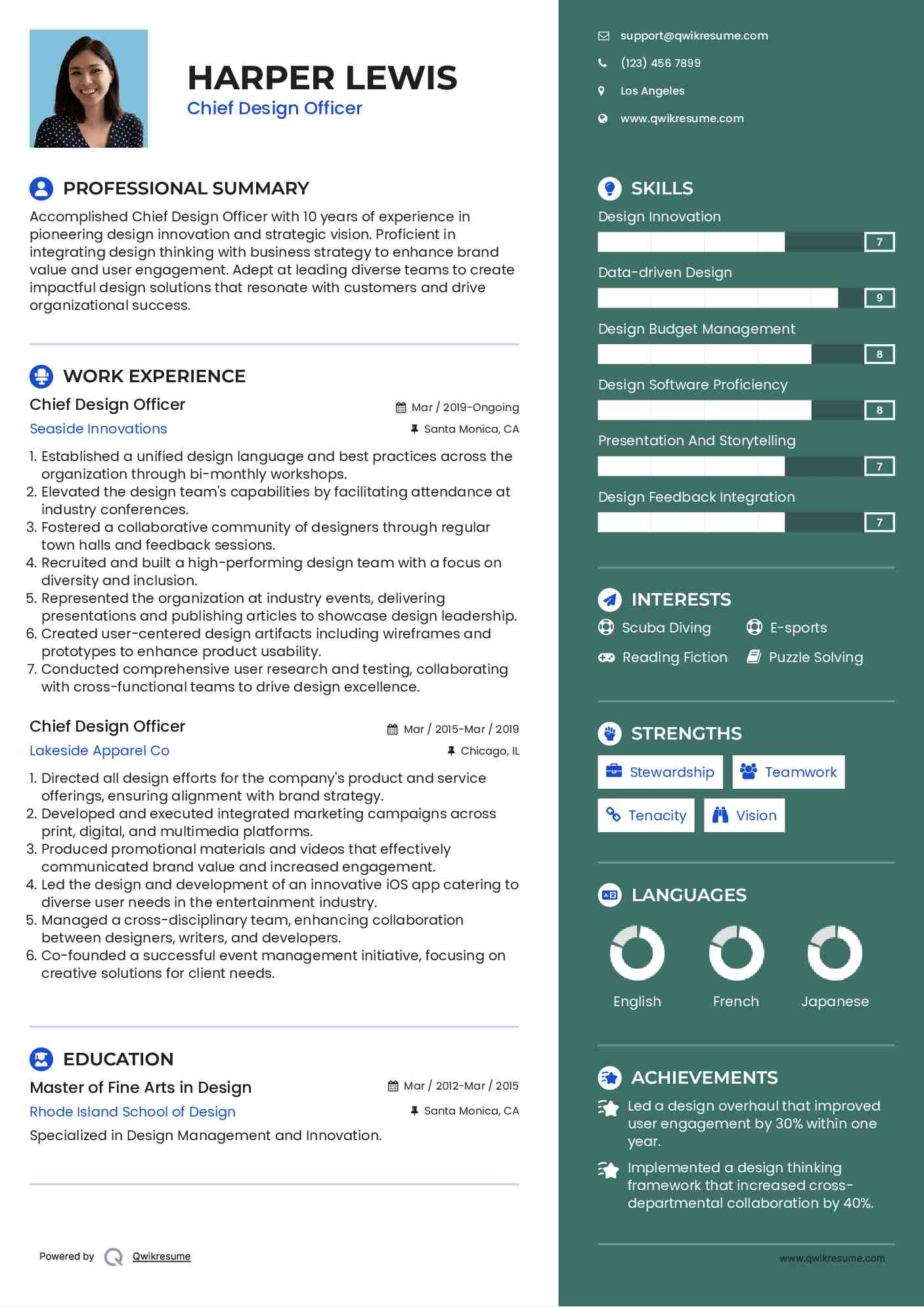 Chief Design Officer Resume Sample