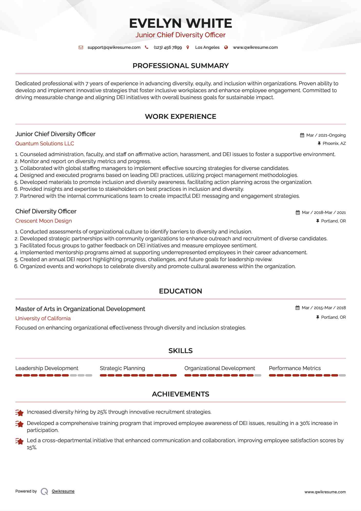 Junior Chief Diversity Officer Resume Format