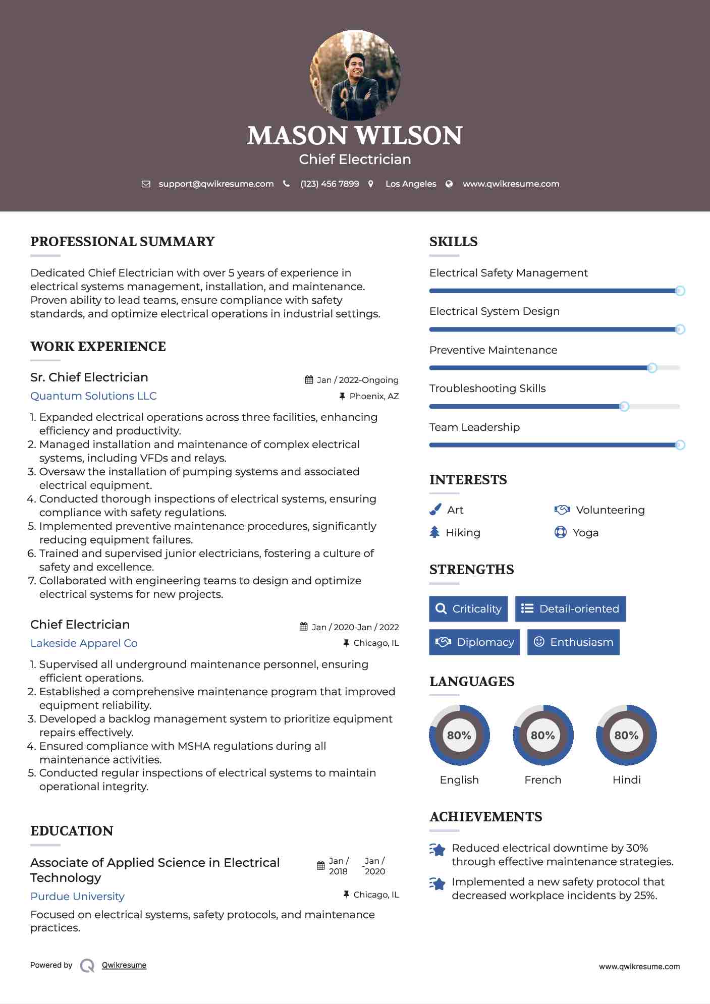 Sr. Chief Electrician Resume Template
