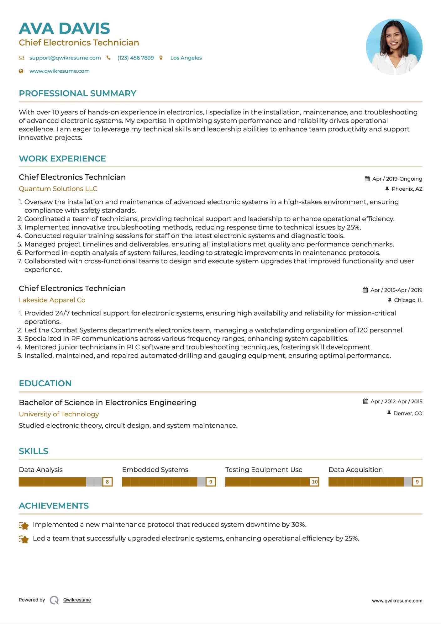 Chief Electronics Technician Resume Template