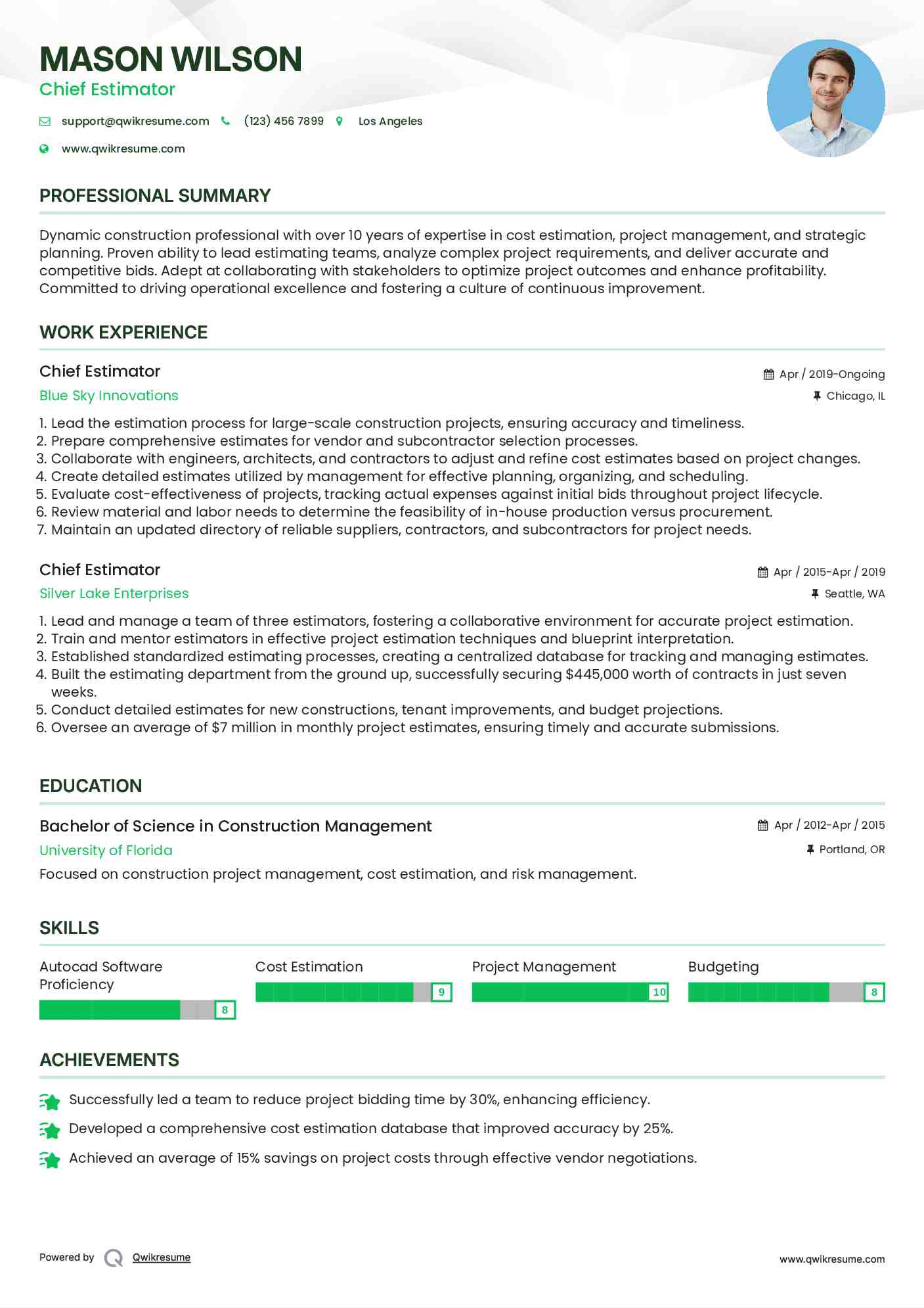 Chief Estimator Resume Model