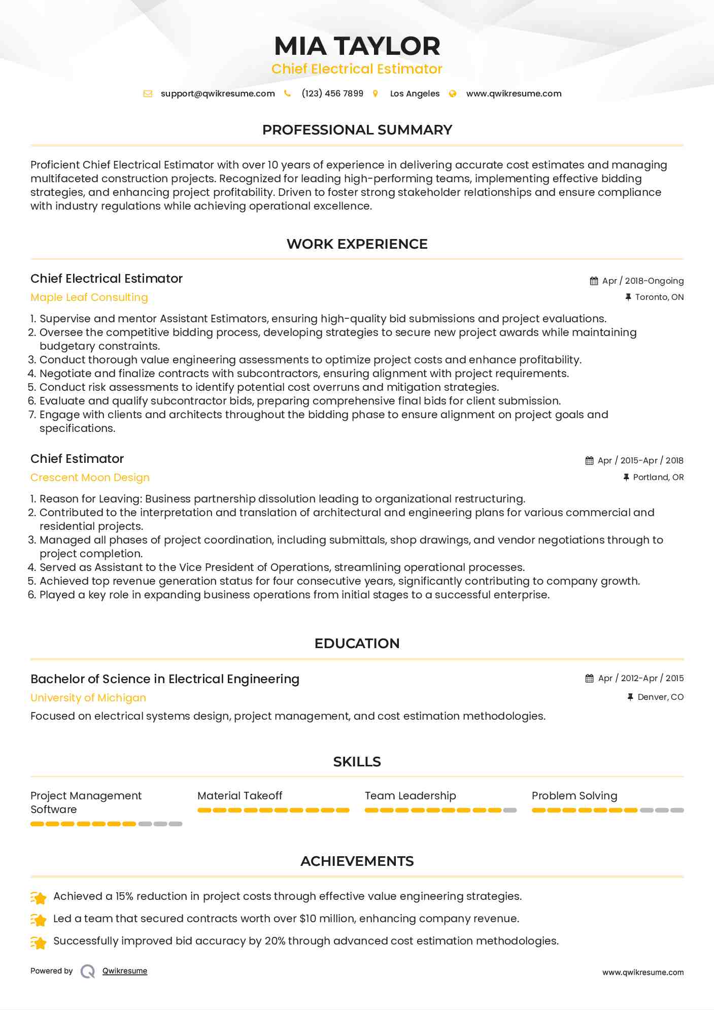 Chief Electrical Estimator
 Resume Format
