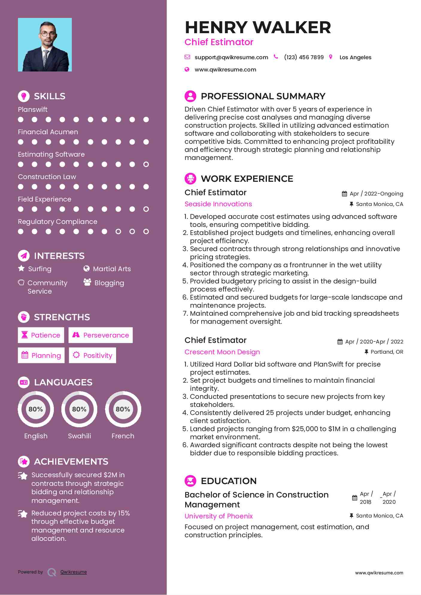 Chief Estimator Resume Model