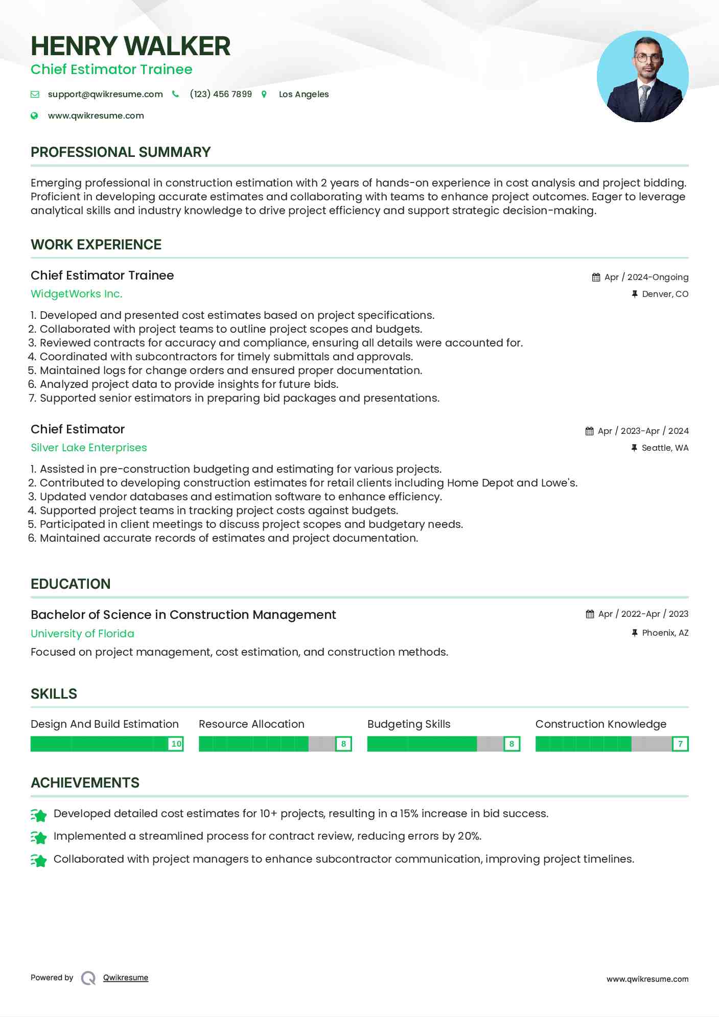 Chief Estimator Trainee Resume Example