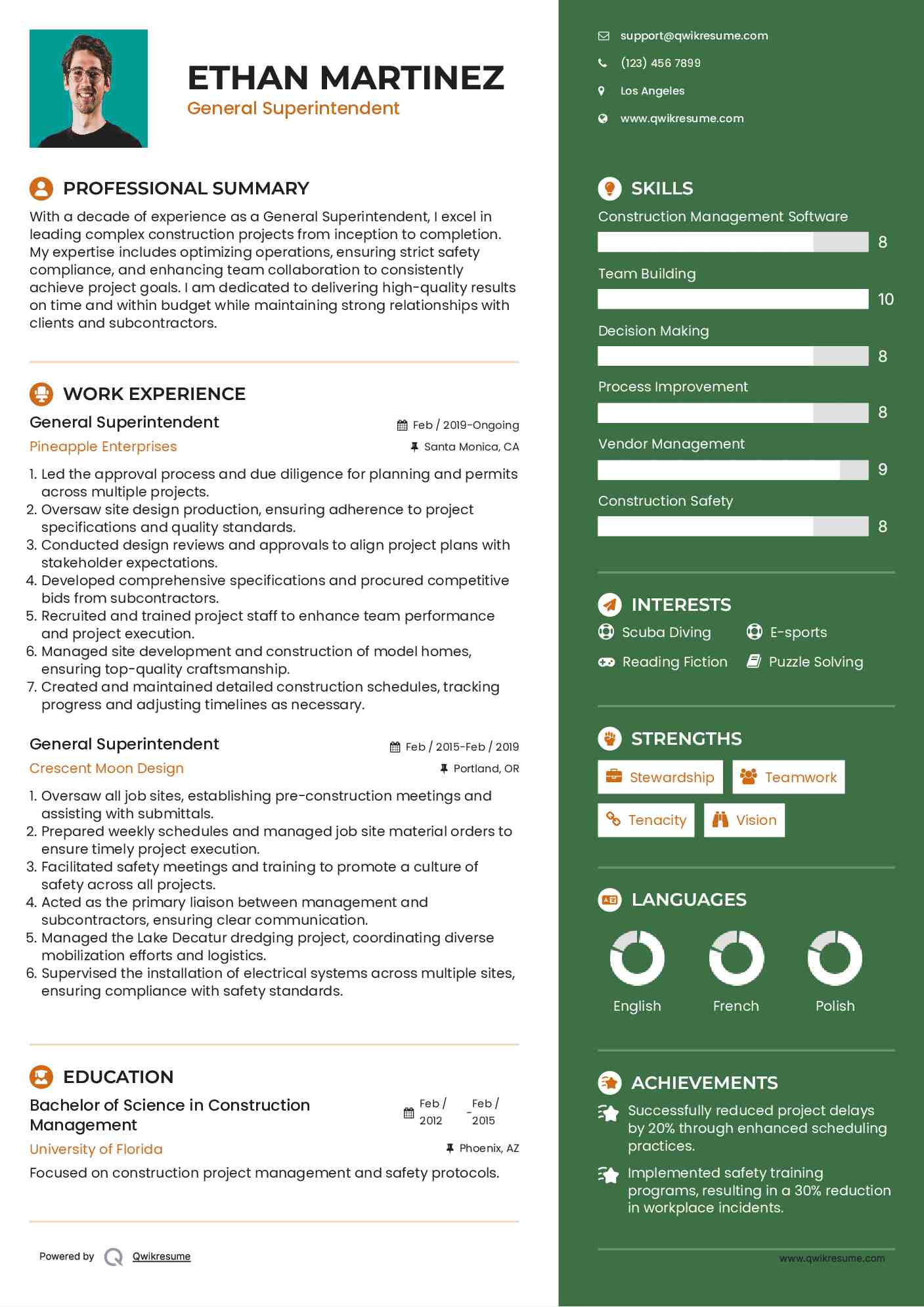 General Superintendent Resume Sample
