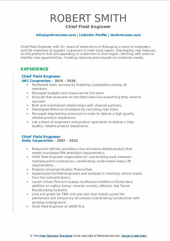 Chief Field Engineer Resume Samples QwikResume