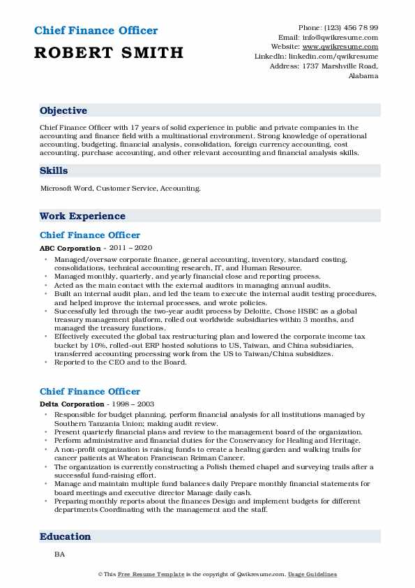 Chief Finance Officer Resume Samples - Chief Finance Officer 1605090362 Pdf 
