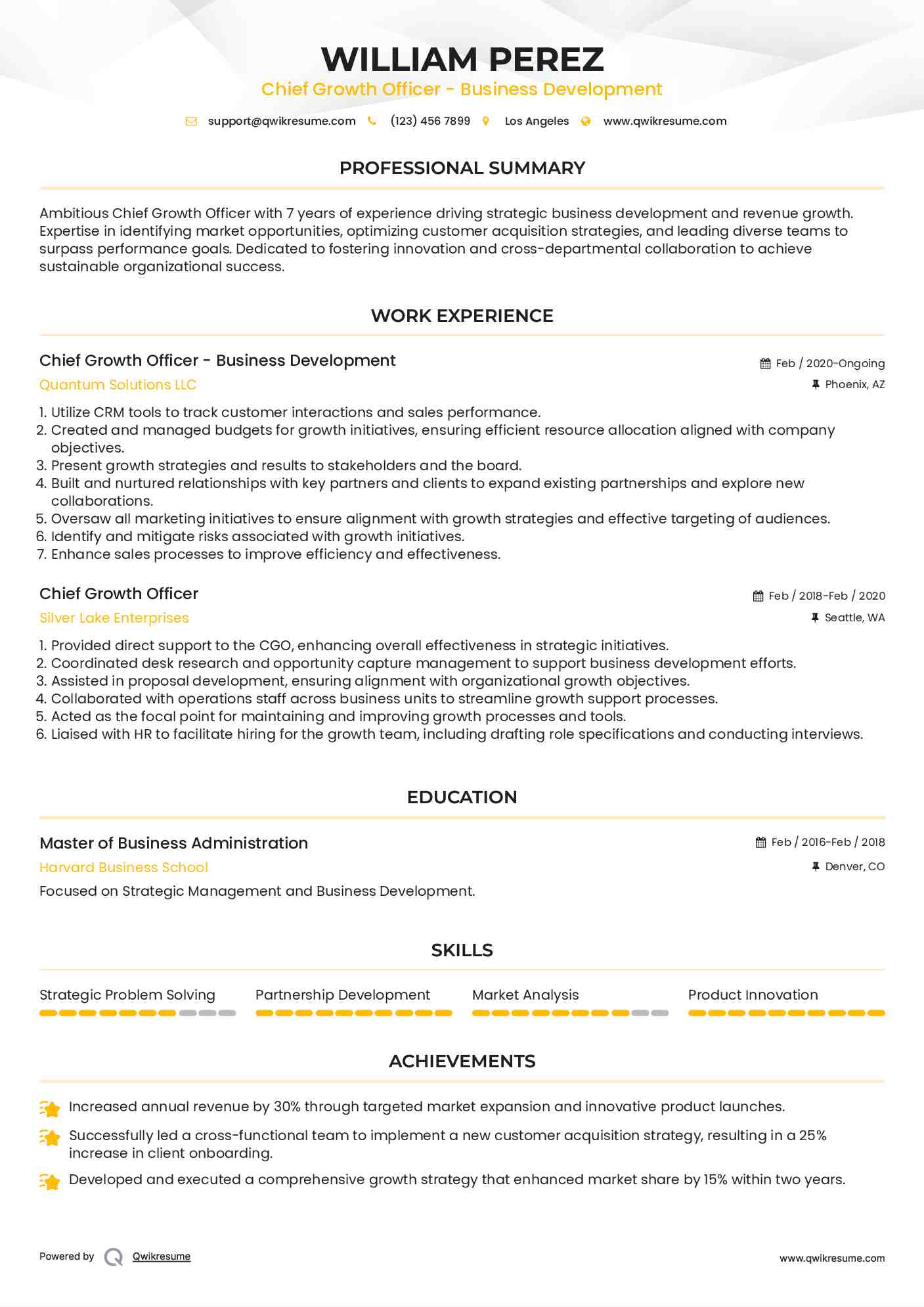 Chief Growth Officer - Business Development Resume Sample