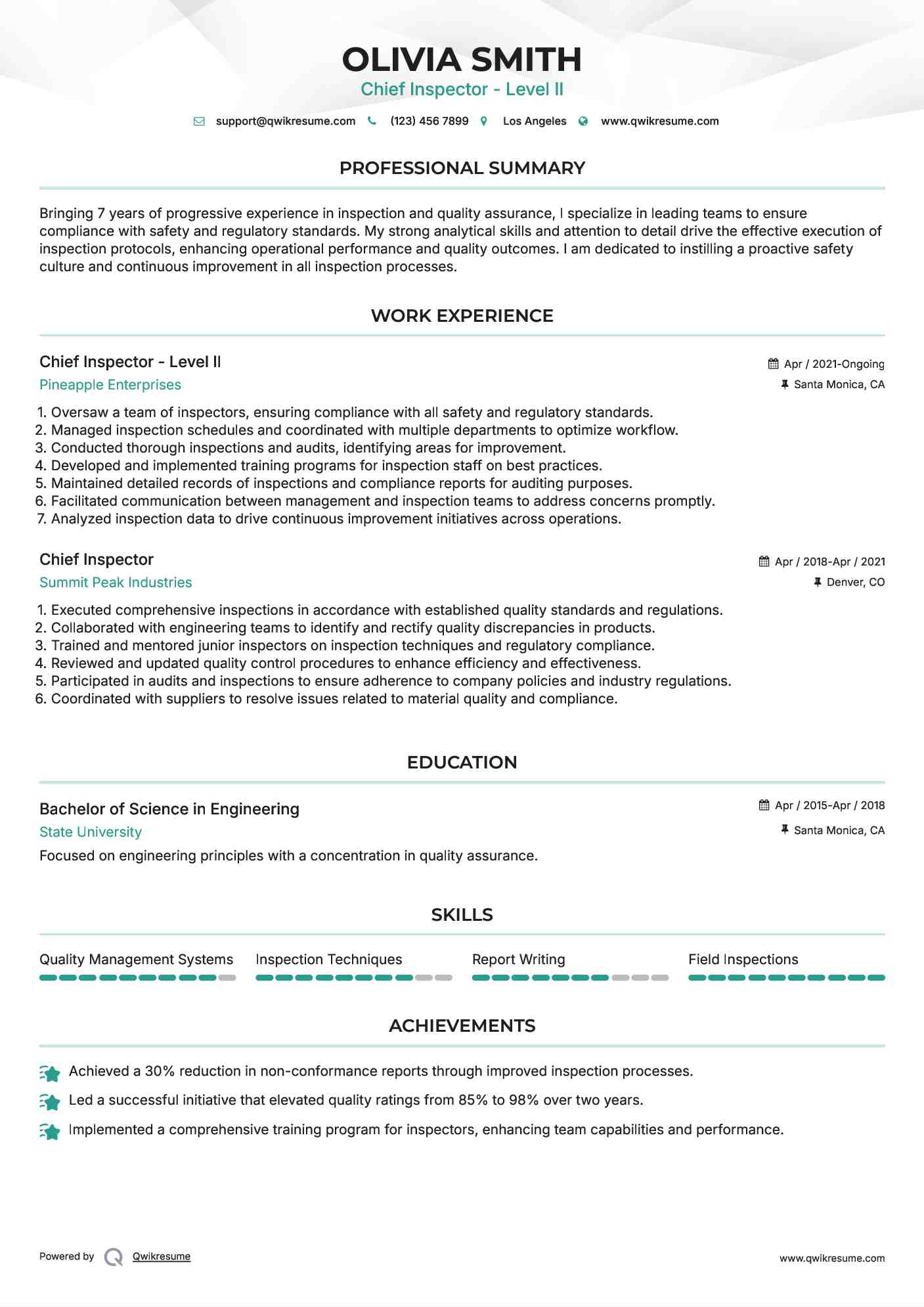 Chief Inspector - Level II Resume Format