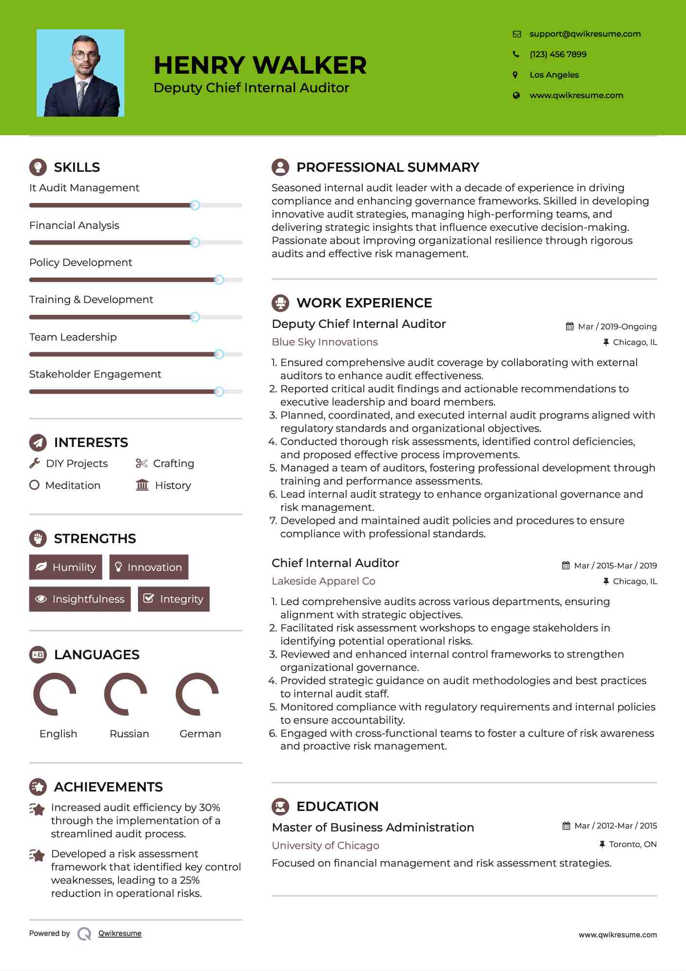 Deputy Chief Internal Auditor Resume Sample