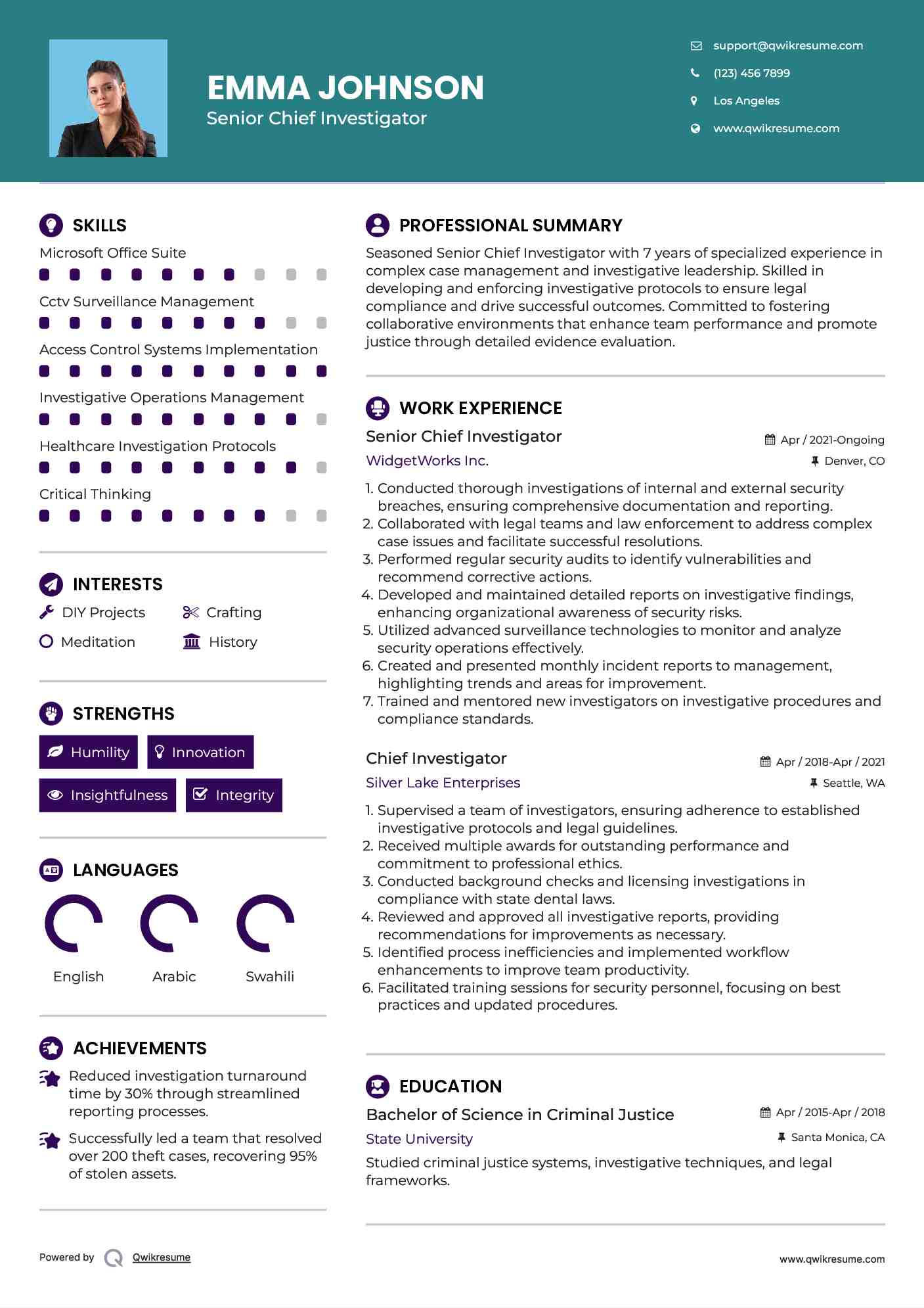 Senior Chief Investigator Resume Model