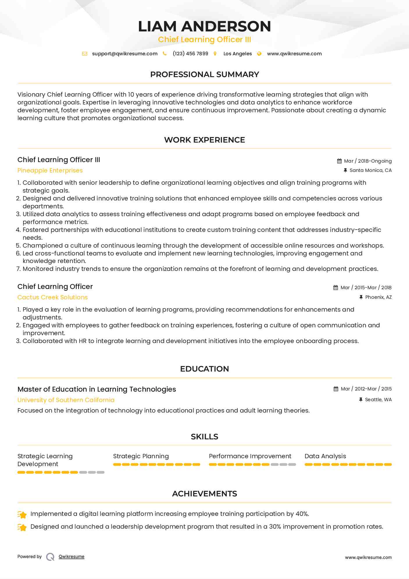 Chief Learning Officer III Resume Format
