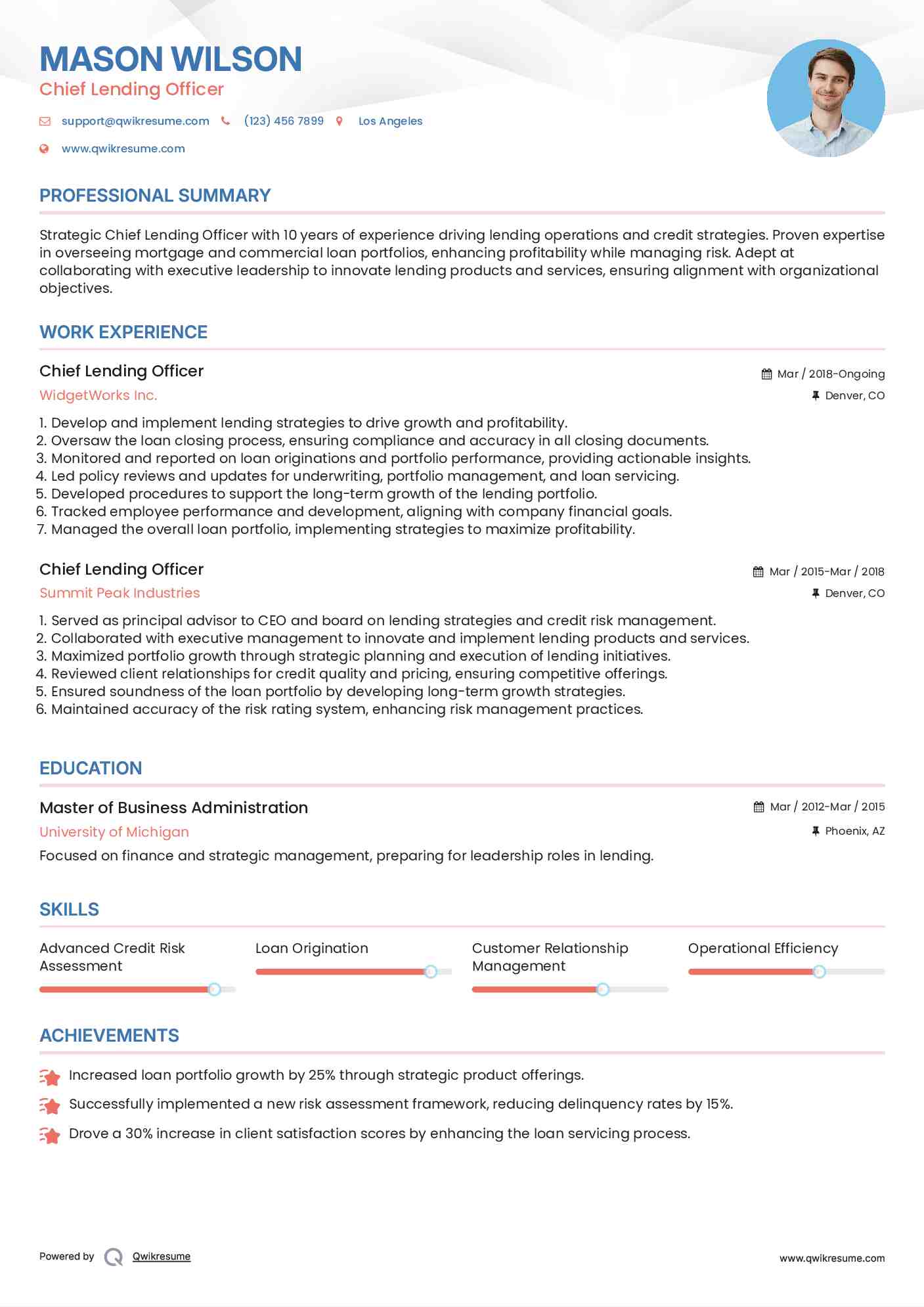 Chief Lending Officer Resume Template