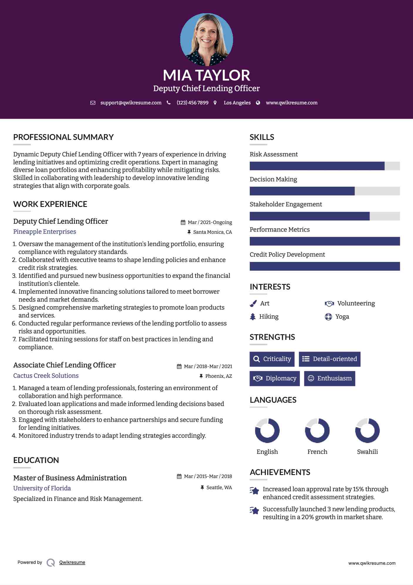 Deputy Chief Lending Officer Resume Format
