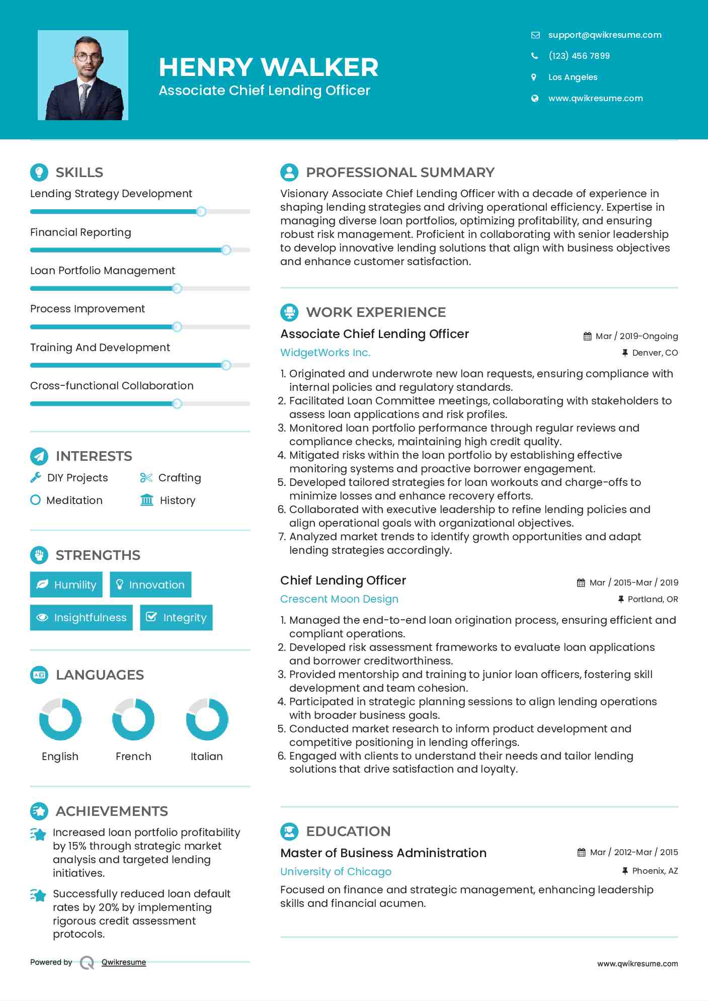 Associate Chief Lending Officer  Resume Format