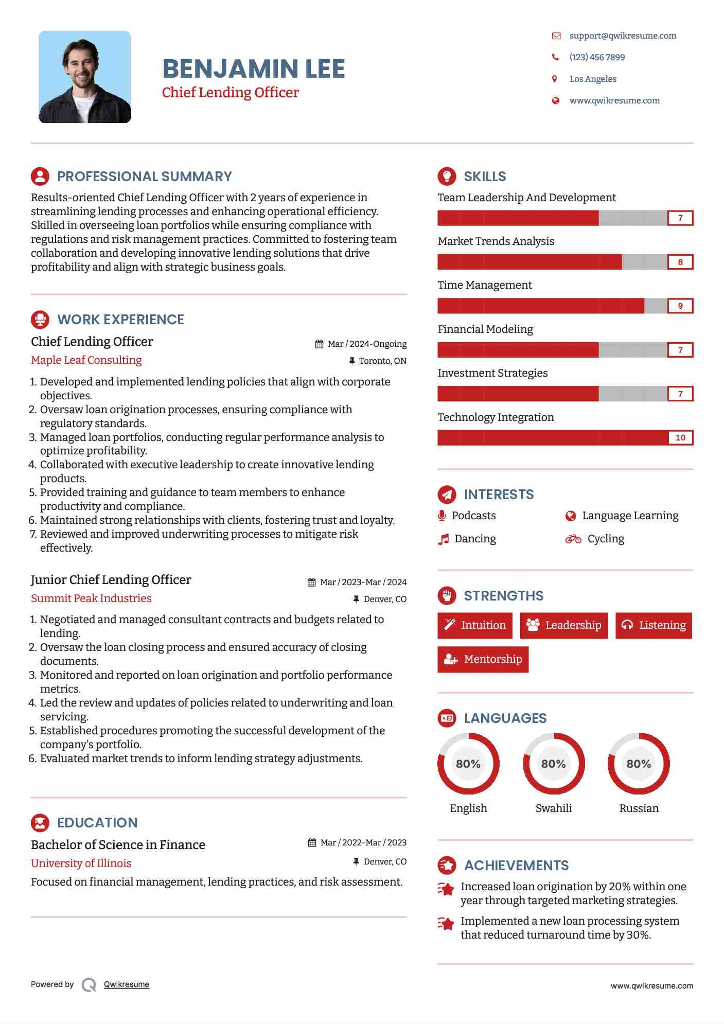 Chief Lending Officer Resume Example