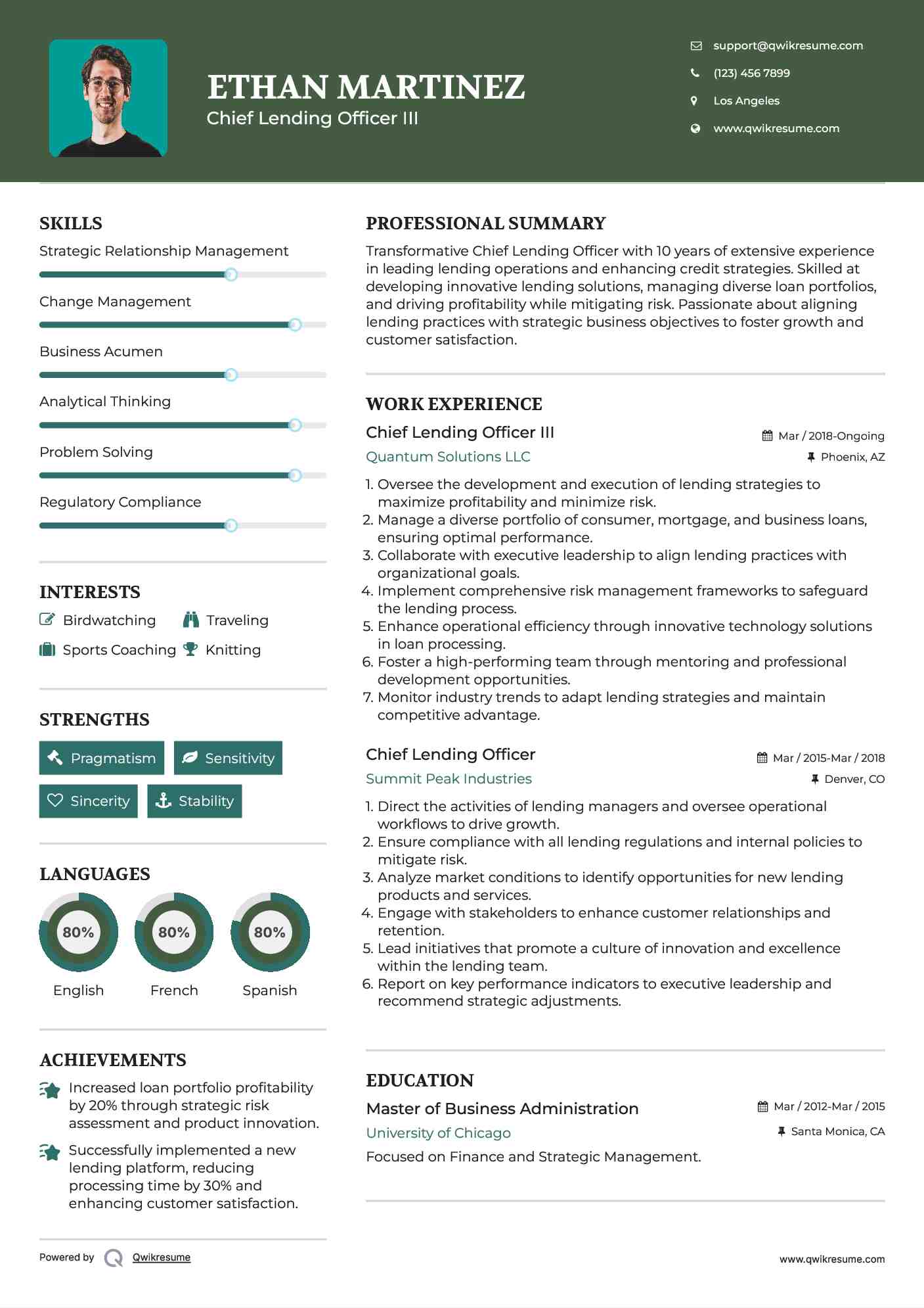 Chief Lending Officer III Resume Format