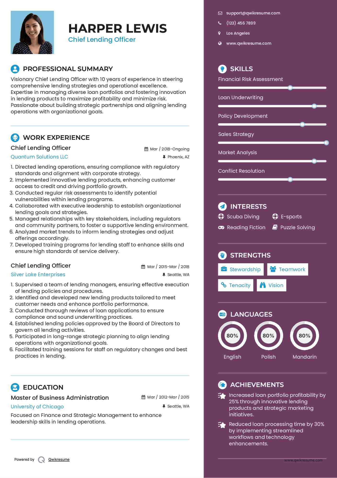 Chief Lending Officer Resume Example
