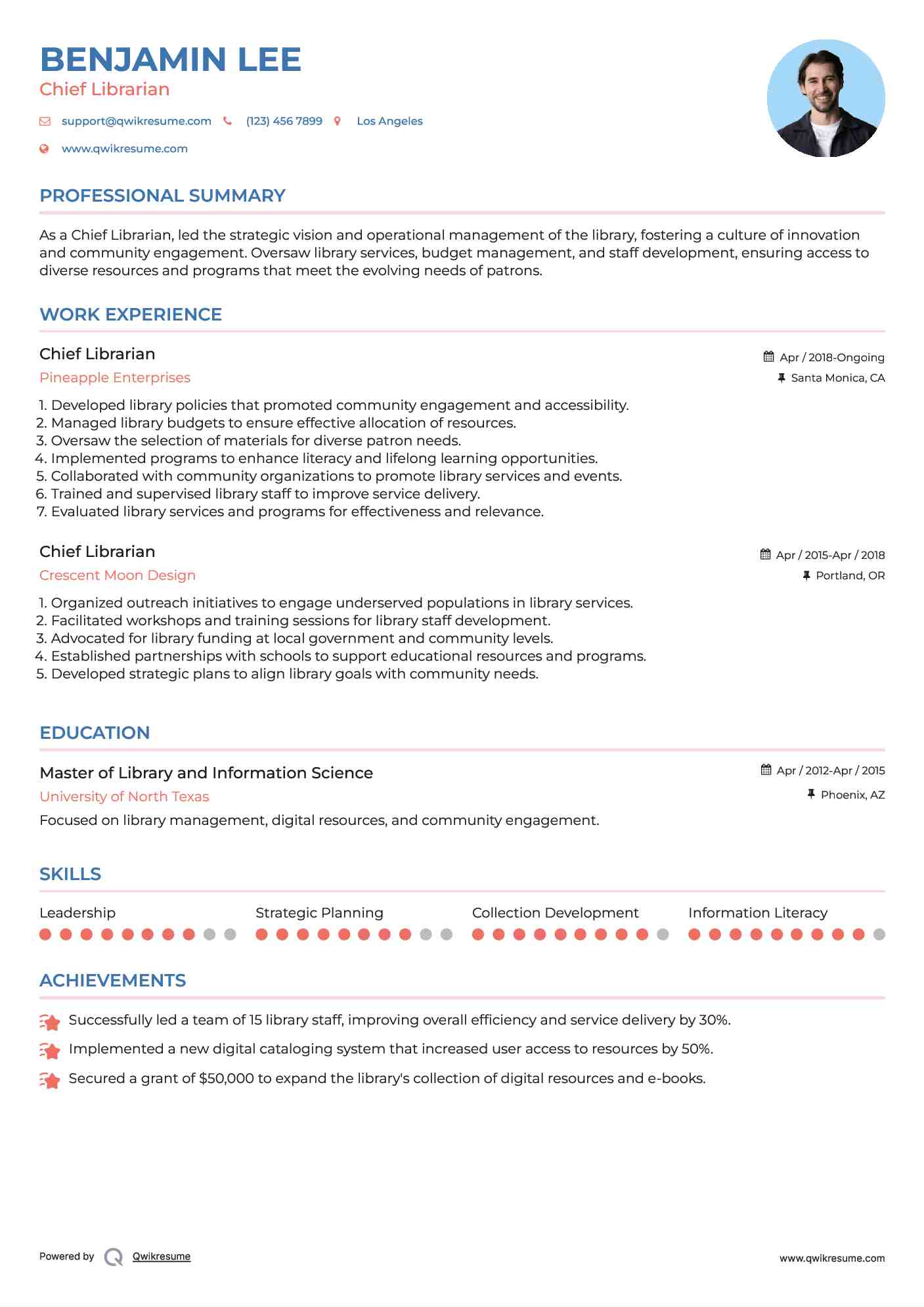 Chief Librarian Resume Template