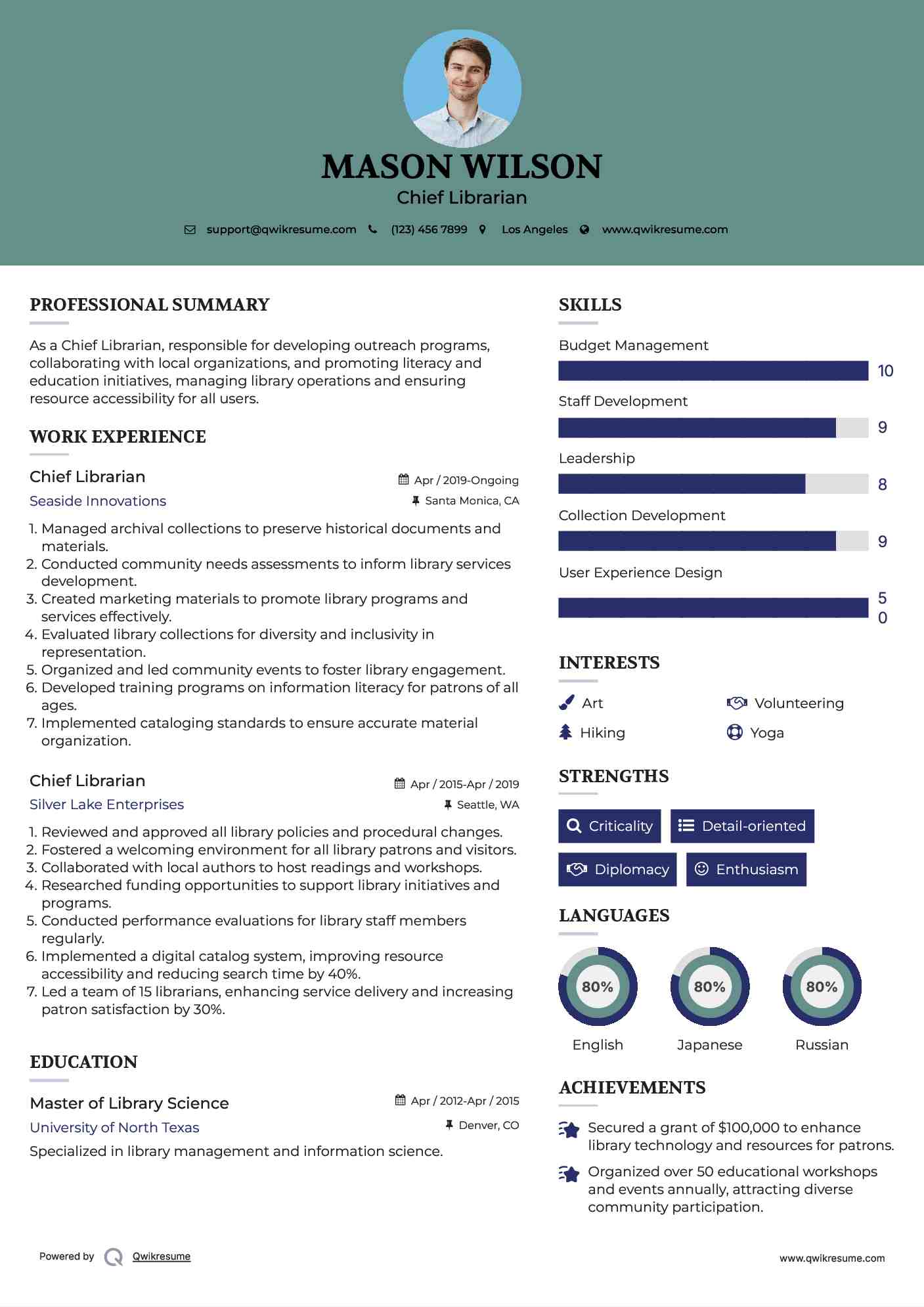 Chief Librarian Resume Template
