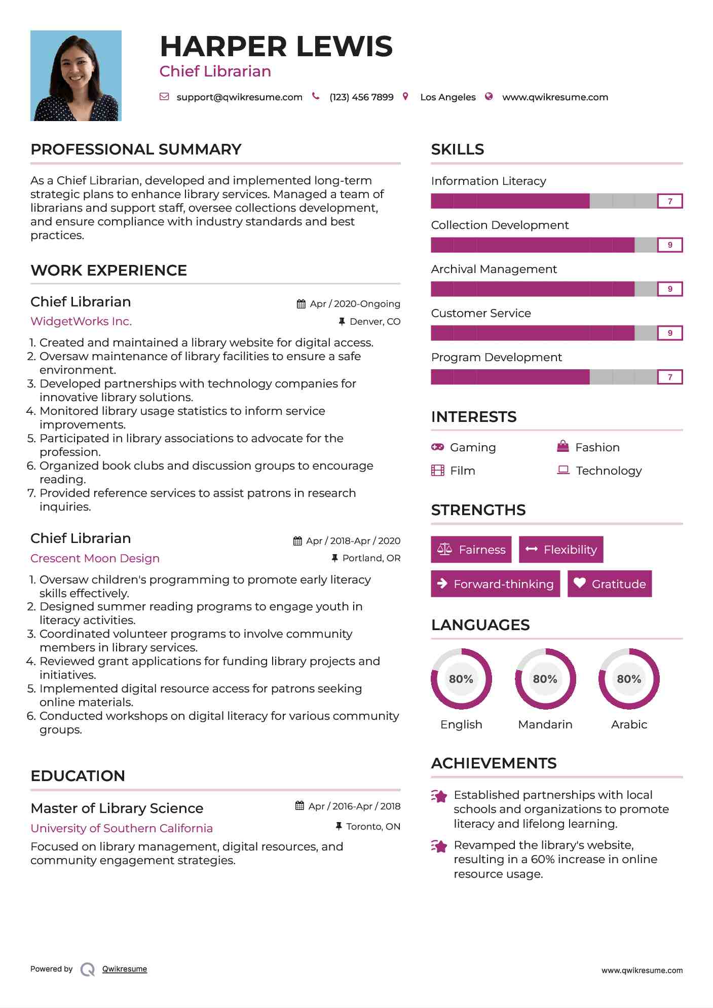 Chief Librarian Resume Example