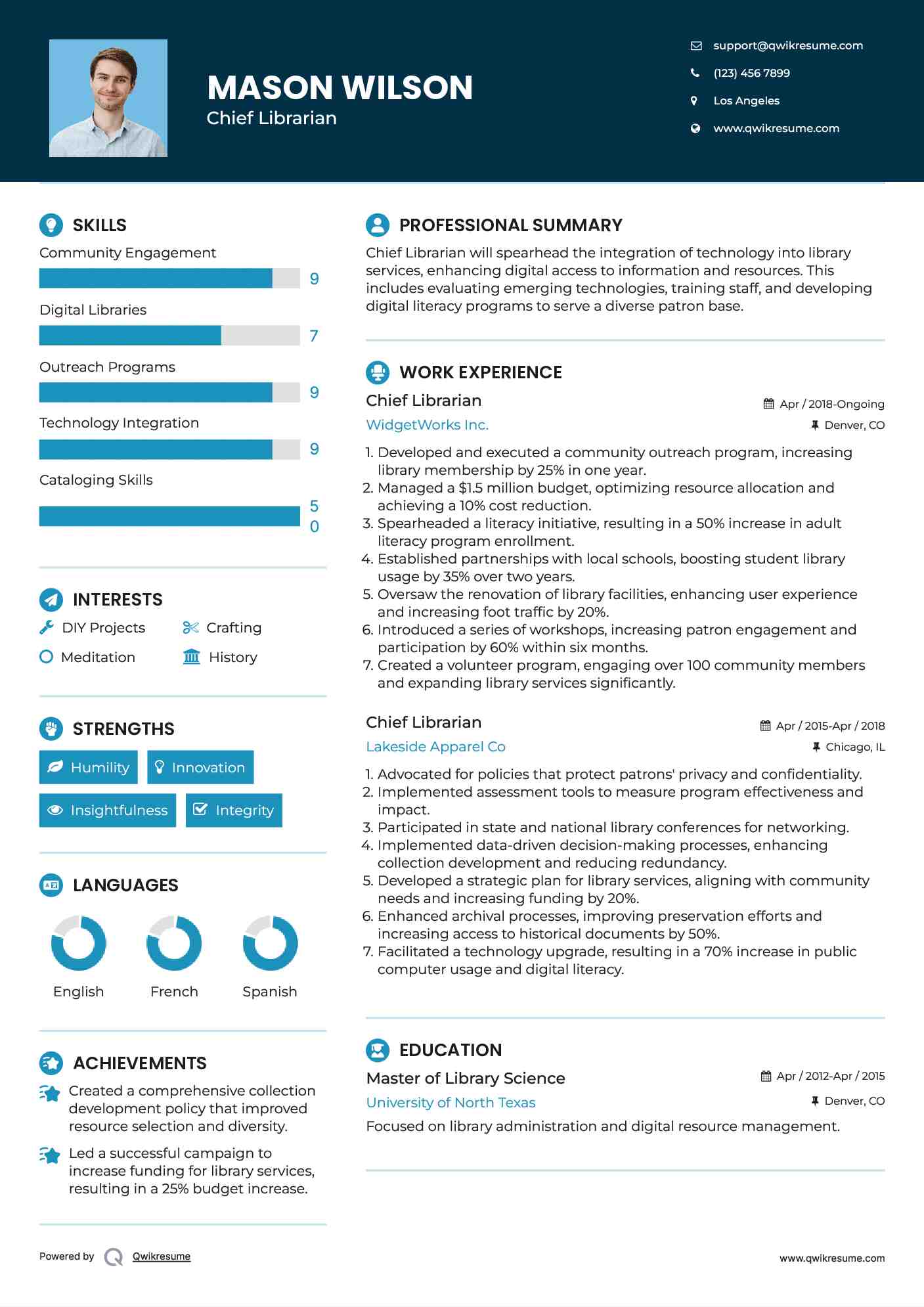 Chief Librarian Resume Example