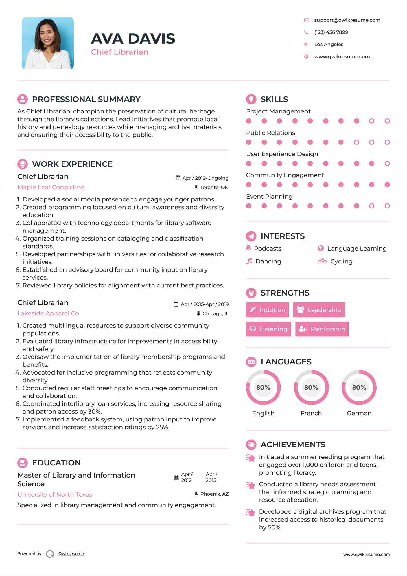 Chief Librarian Resume Format