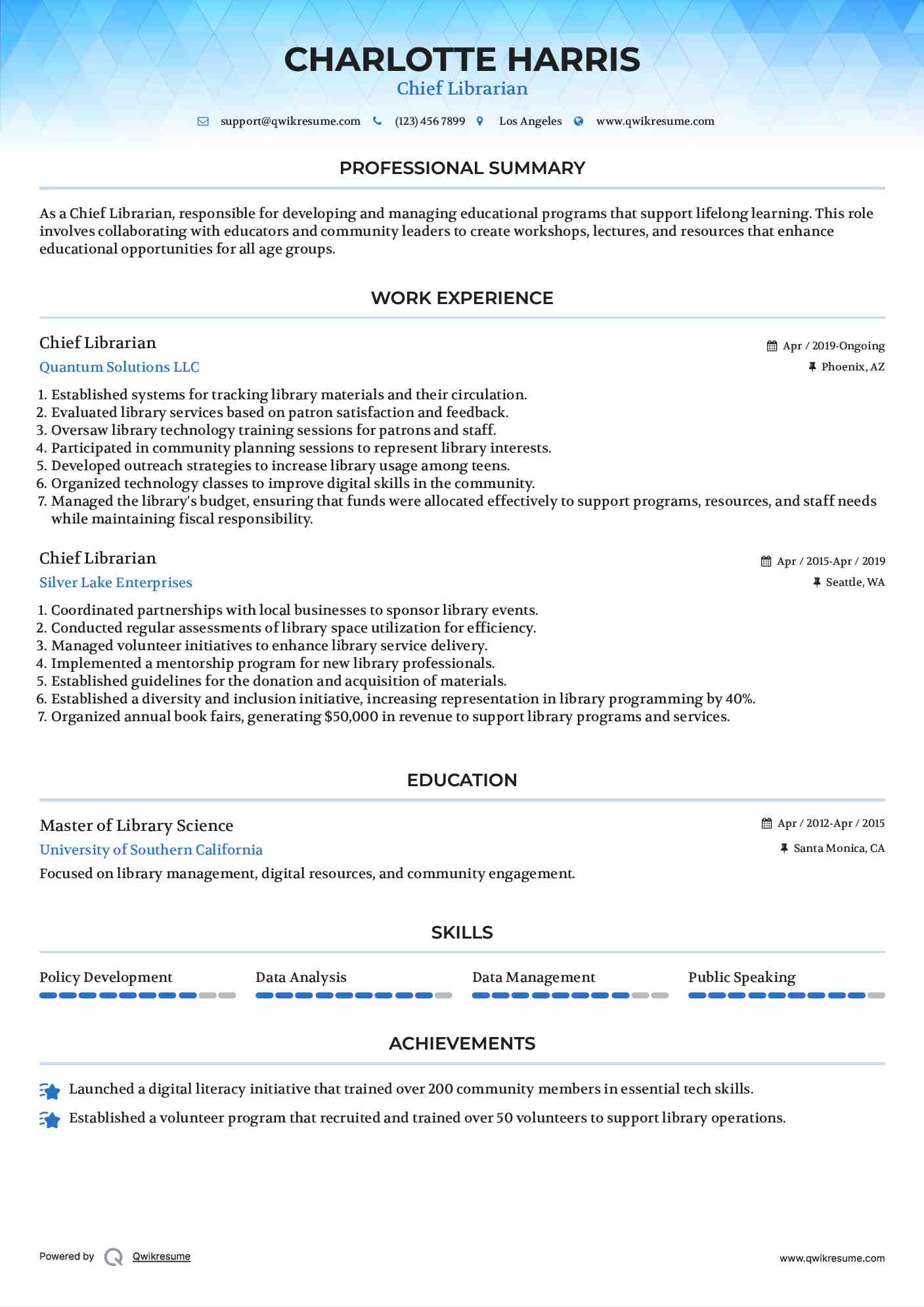 Chief Librarian Resume Format