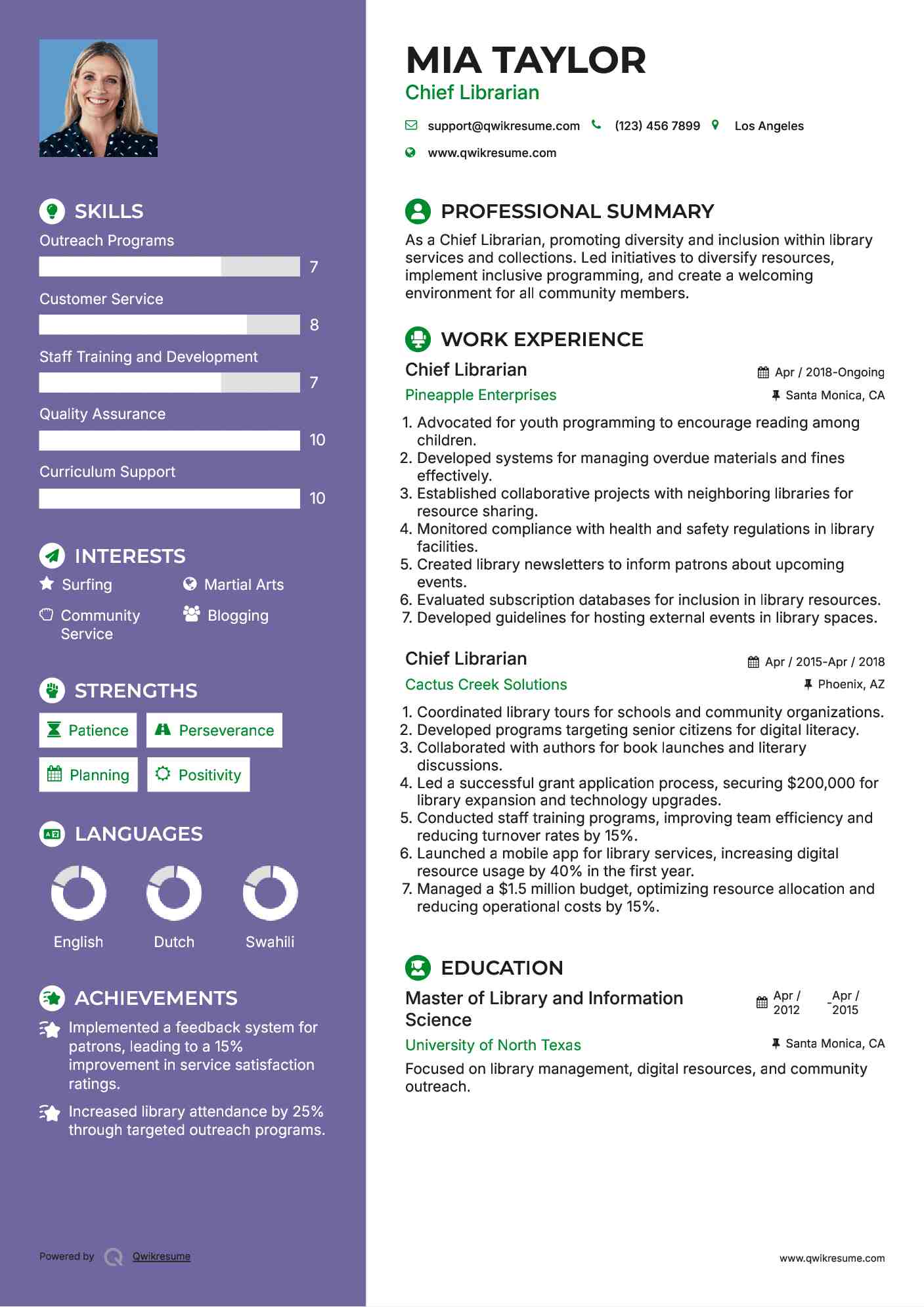 Chief Librarian Resume Example