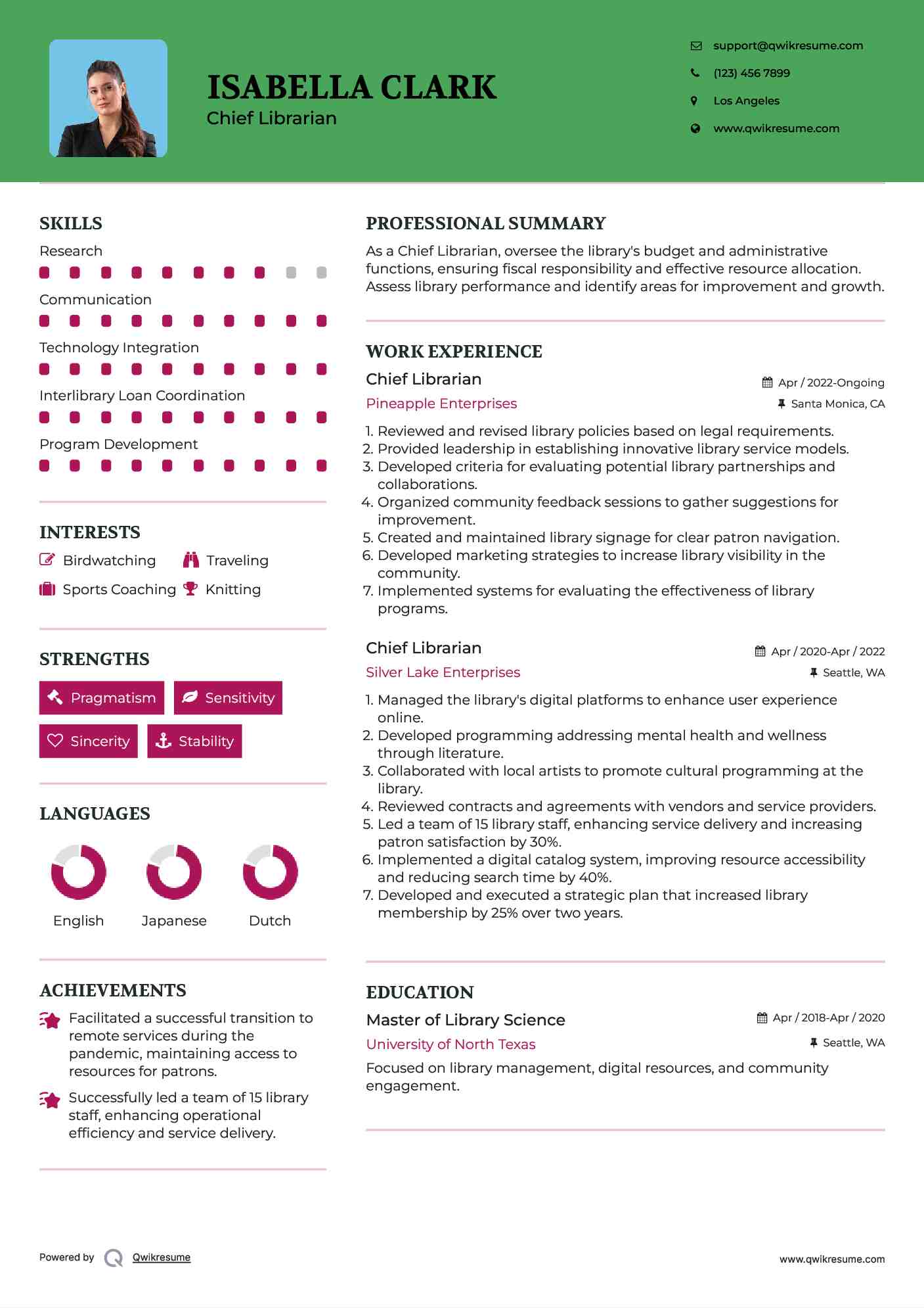 Chief Librarian Resume Format