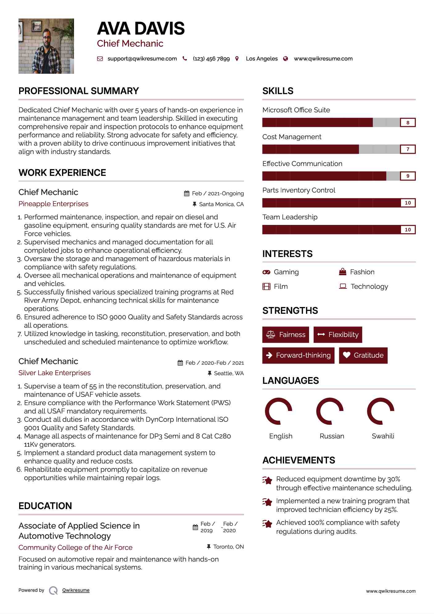 Chief Mechanic Resume Example