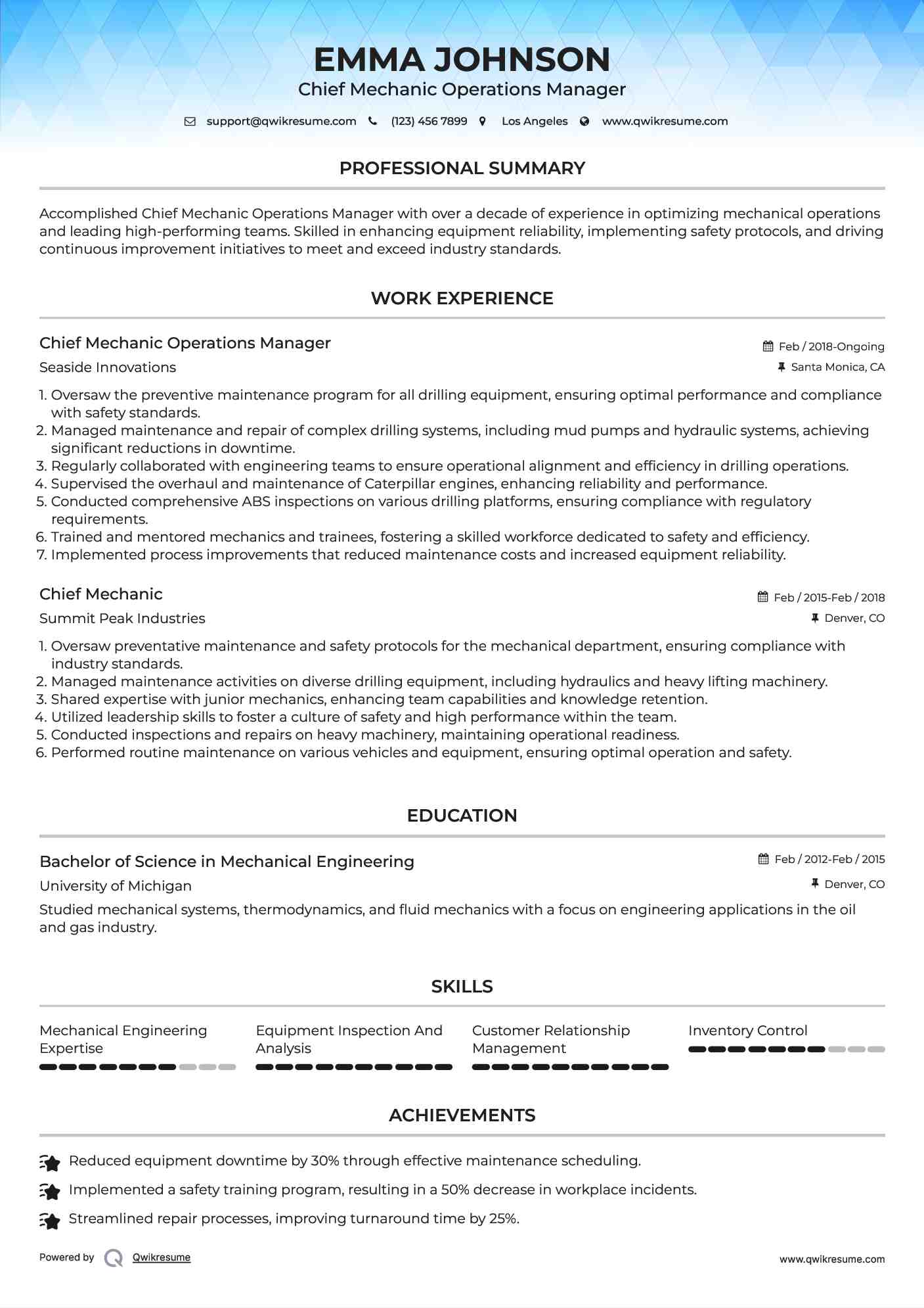 Chief Mechanic Operations Manager Resume Model