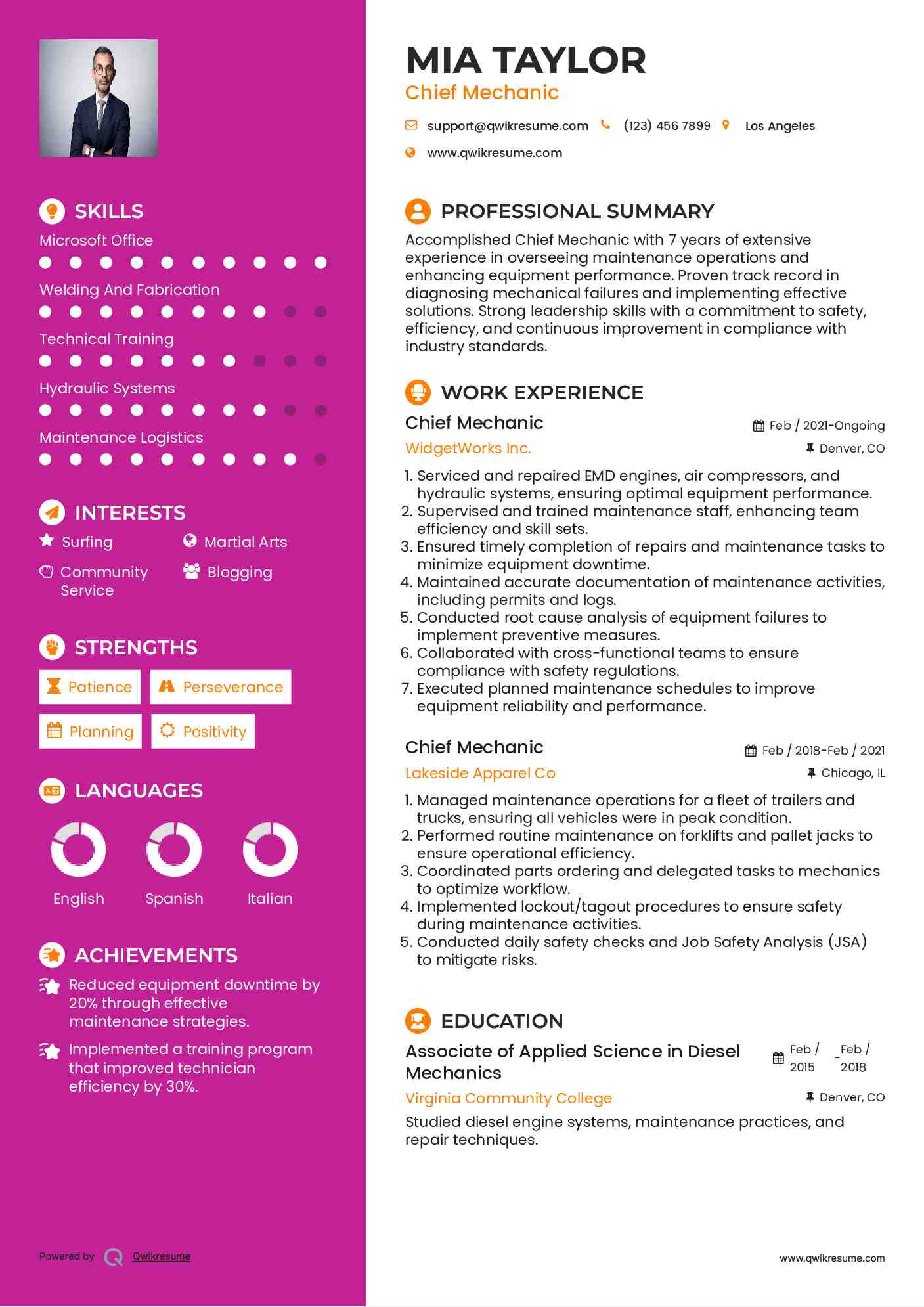 Chief Mechanic Resume Format