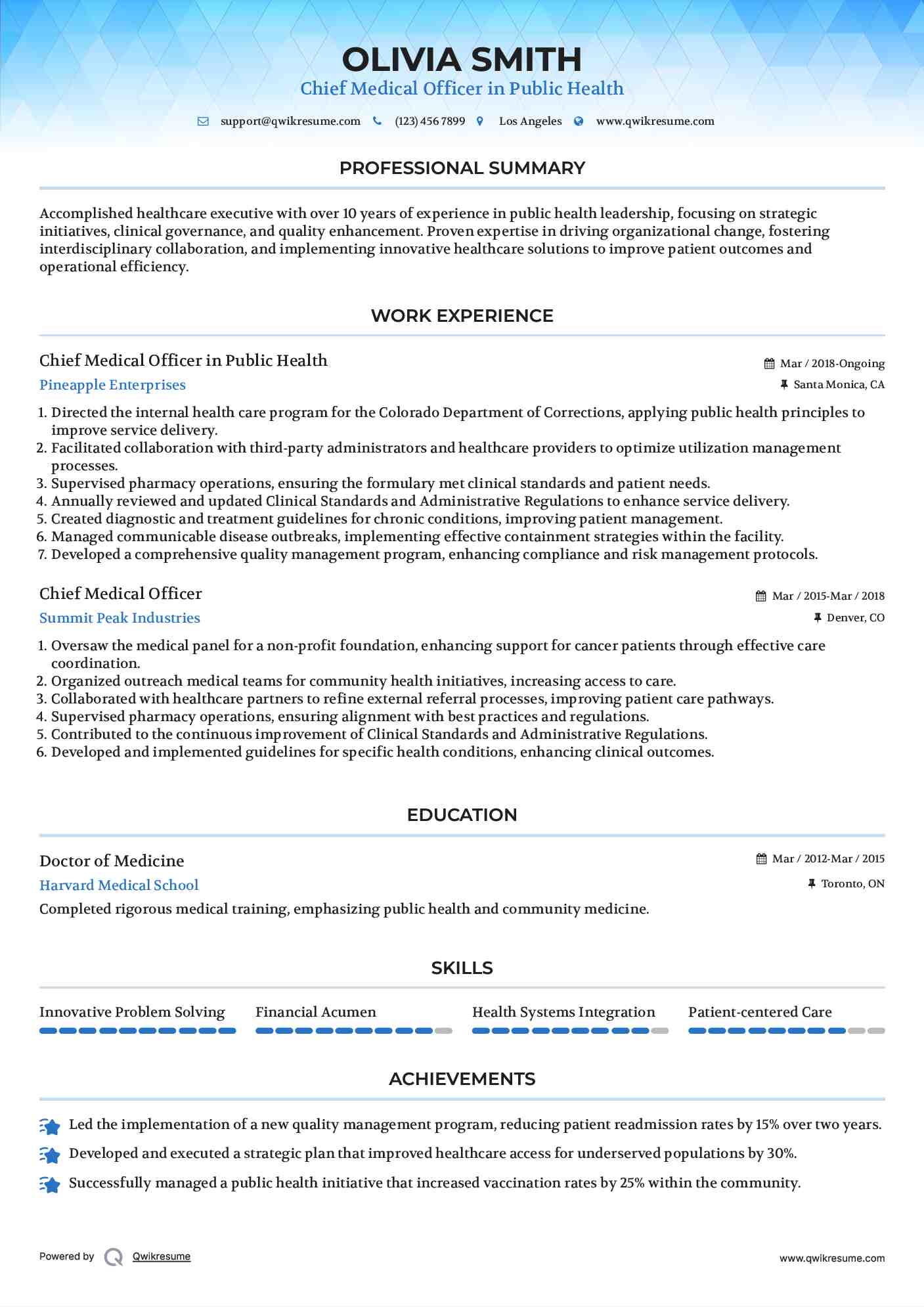Chief Medical Officer in Public Health Resume Model