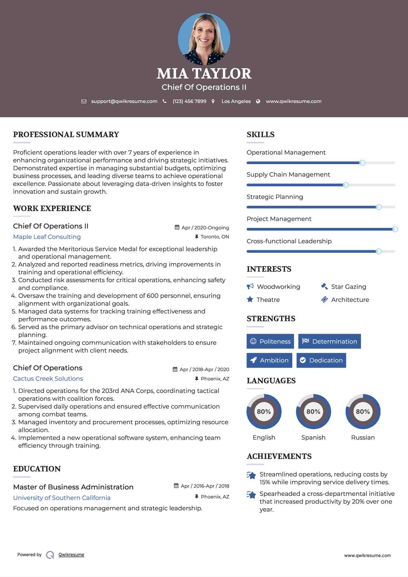 Chief Of Operations II Resume Example