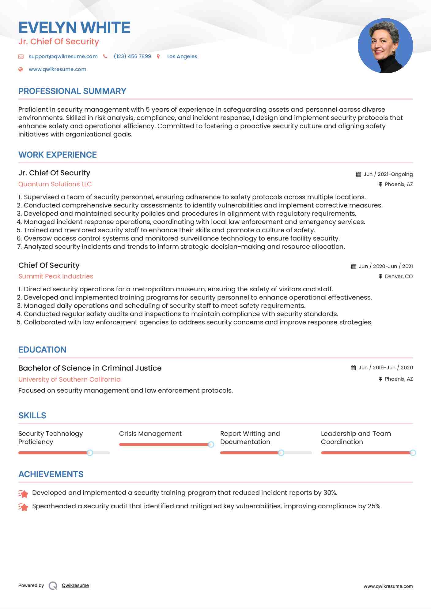 Jr. Chief Of Security Resume Sample