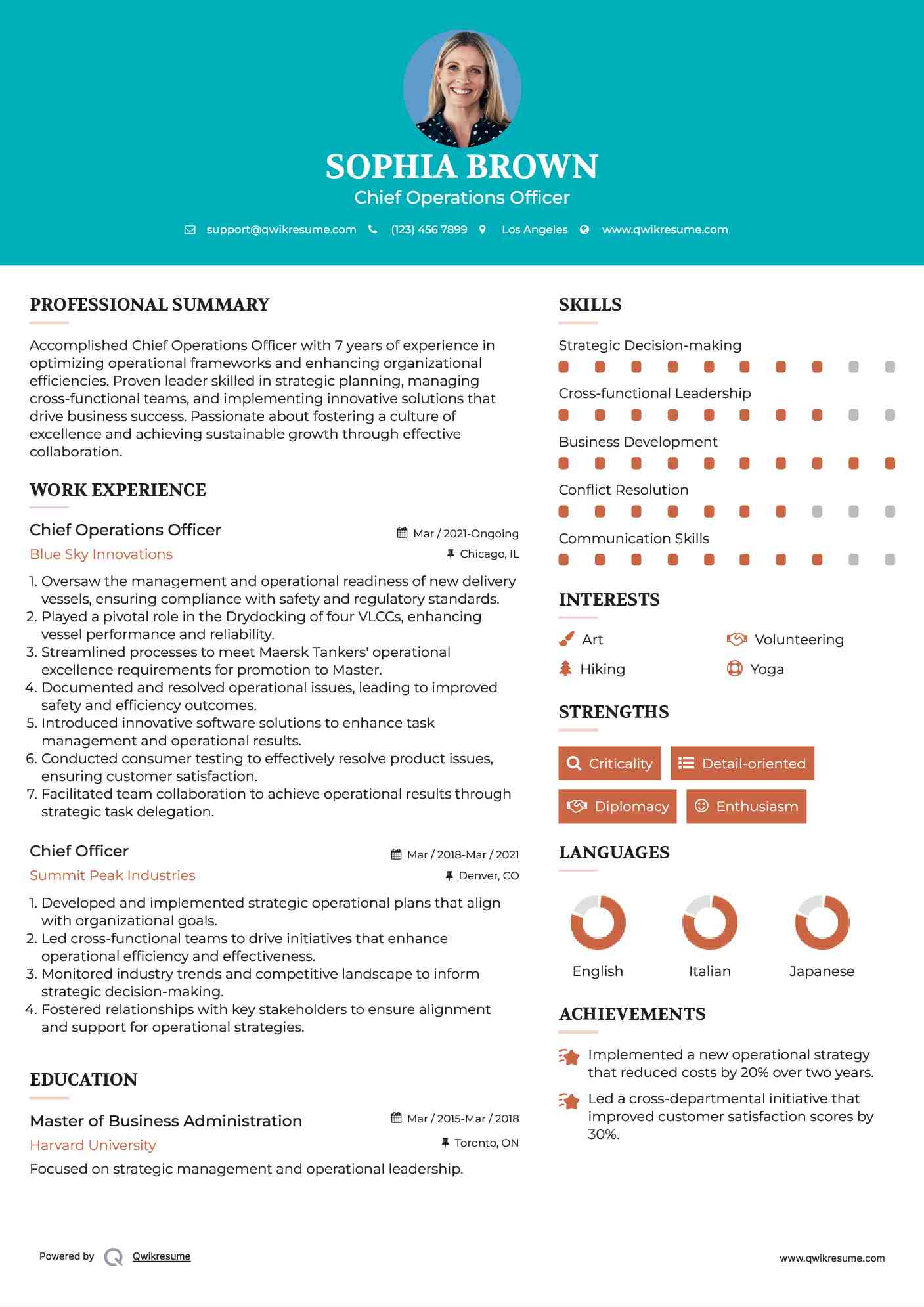 Chief Operations Officer Resume Template