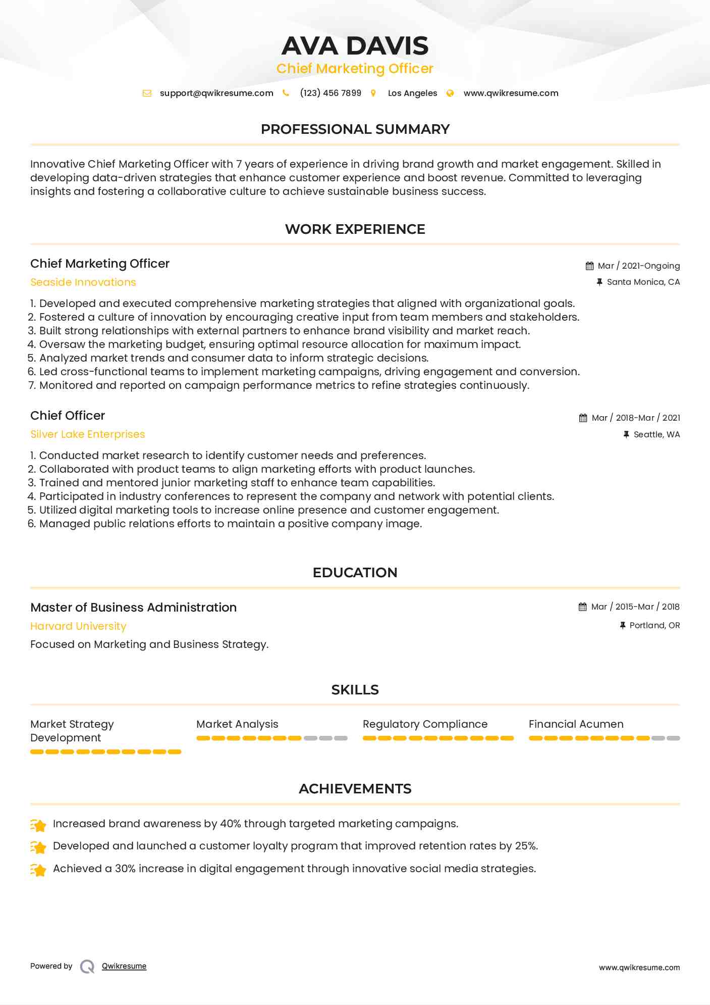 Chief Marketing Officer Resume Example