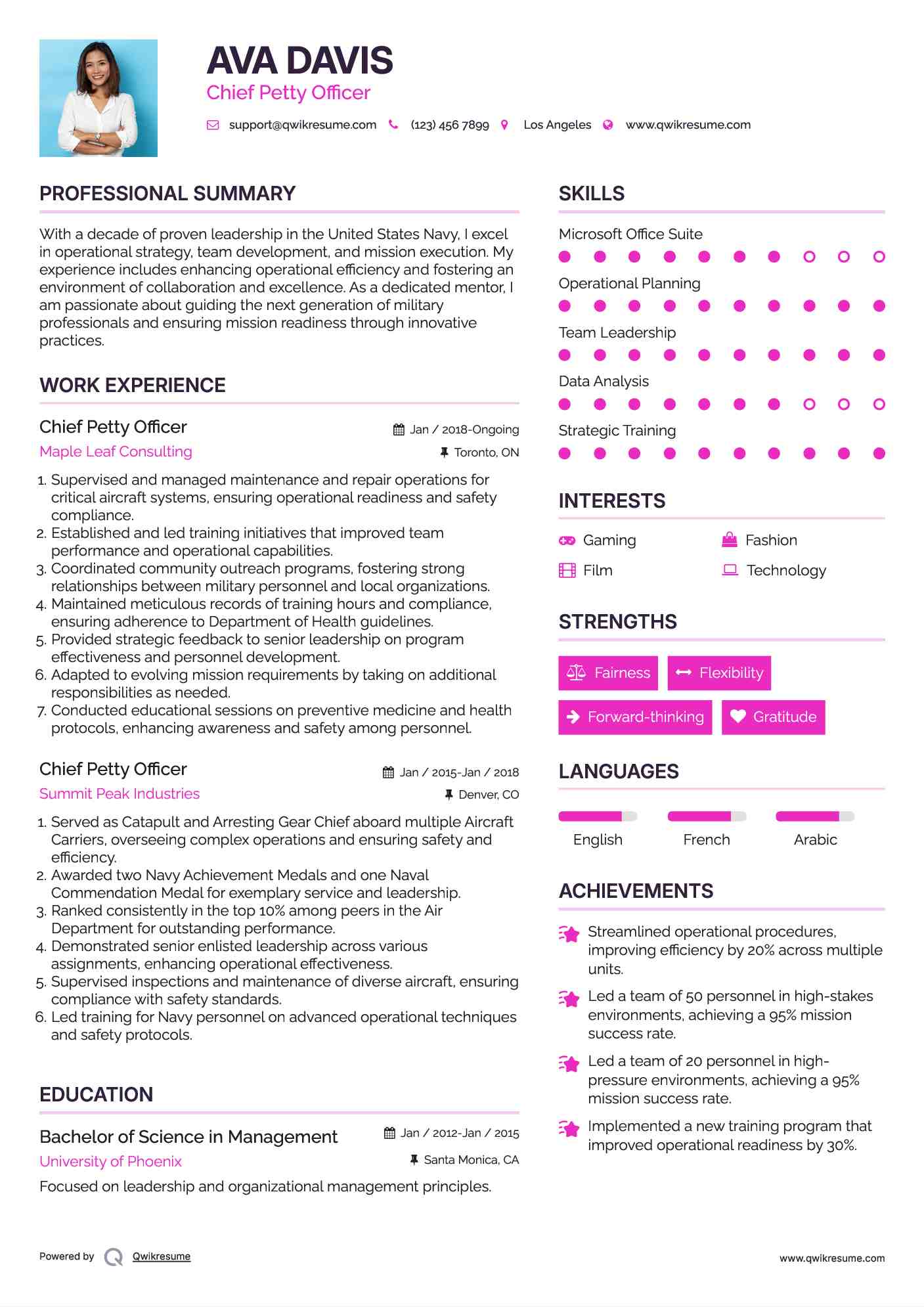 Chief Petty Officer Resume Example
